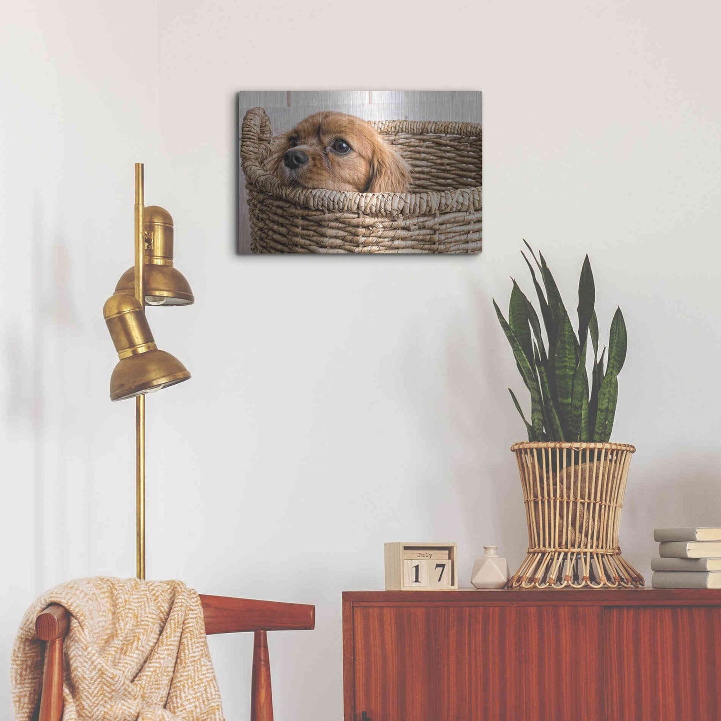 Luxe Metal Art 'Puppy in a Laundry Basket' by Edward M. Fielding, Metal Wall Art,24x16