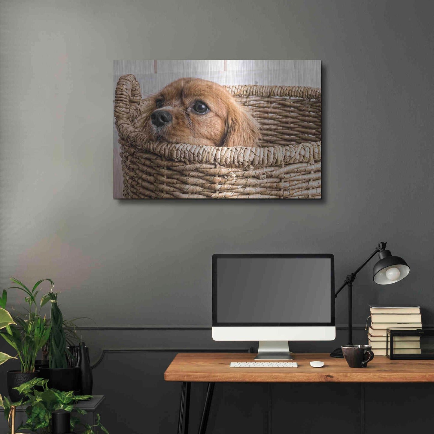 Luxe Metal Art 'Puppy in a Laundry Basket' by Edward M. Fielding, Metal Wall Art,36x24