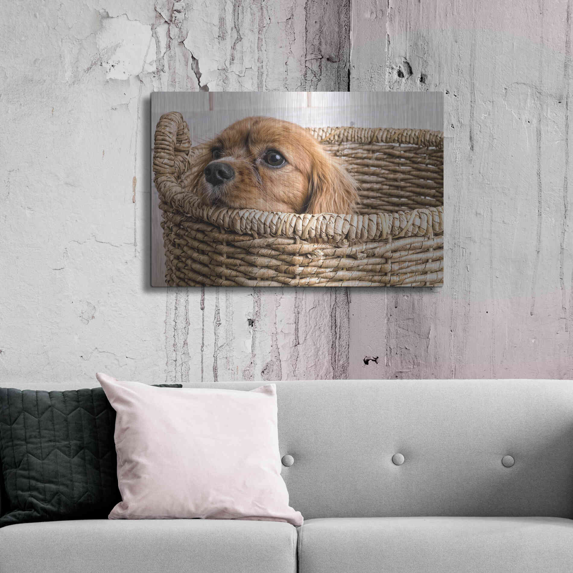Luxe Metal Art 'Puppy in a Laundry Basket' by Edward M. Fielding, Metal Wall Art,36x24