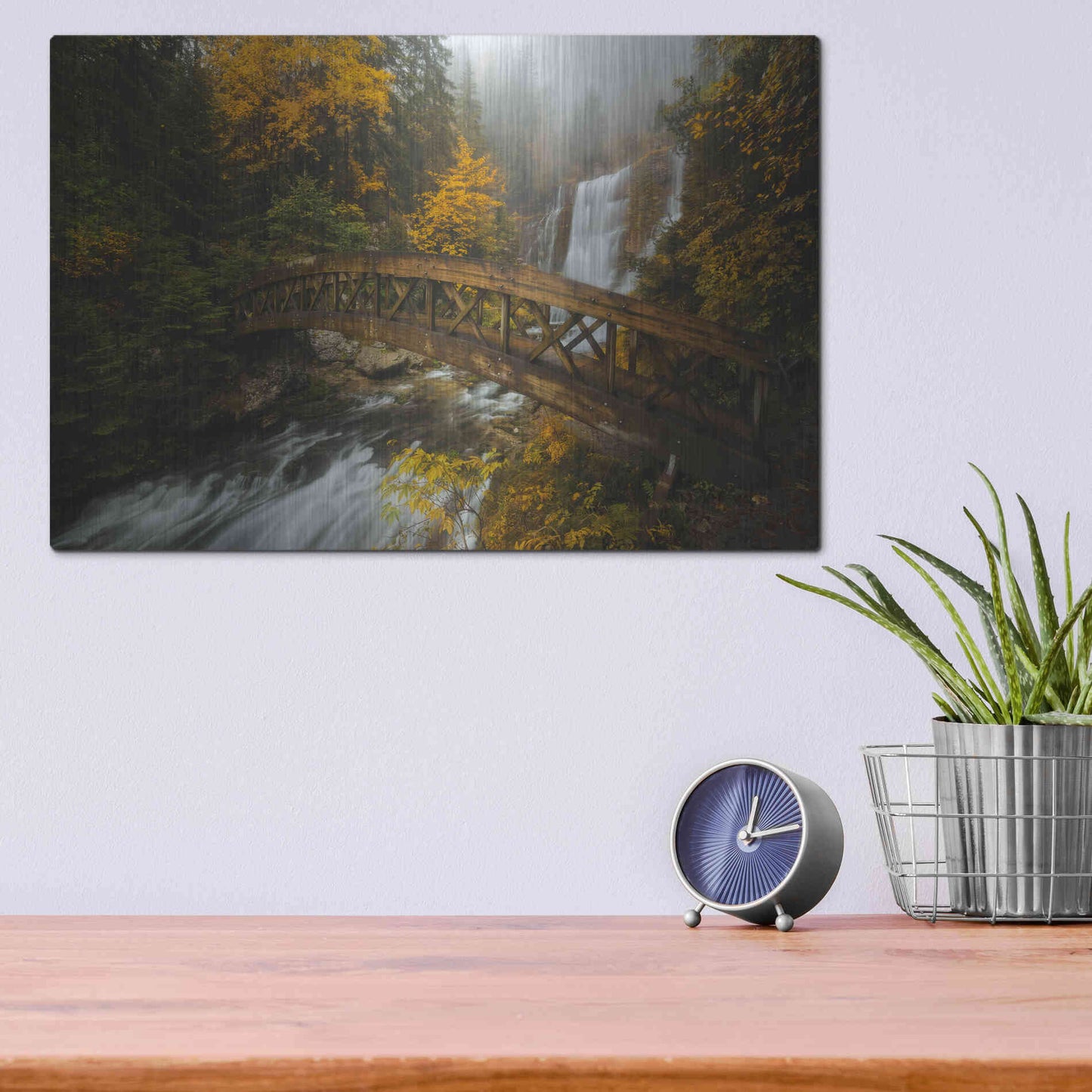 Luxe Metal Art 'A Bridge in the Forest' by Enrico Fossati, Metal Wall Art,16x12
