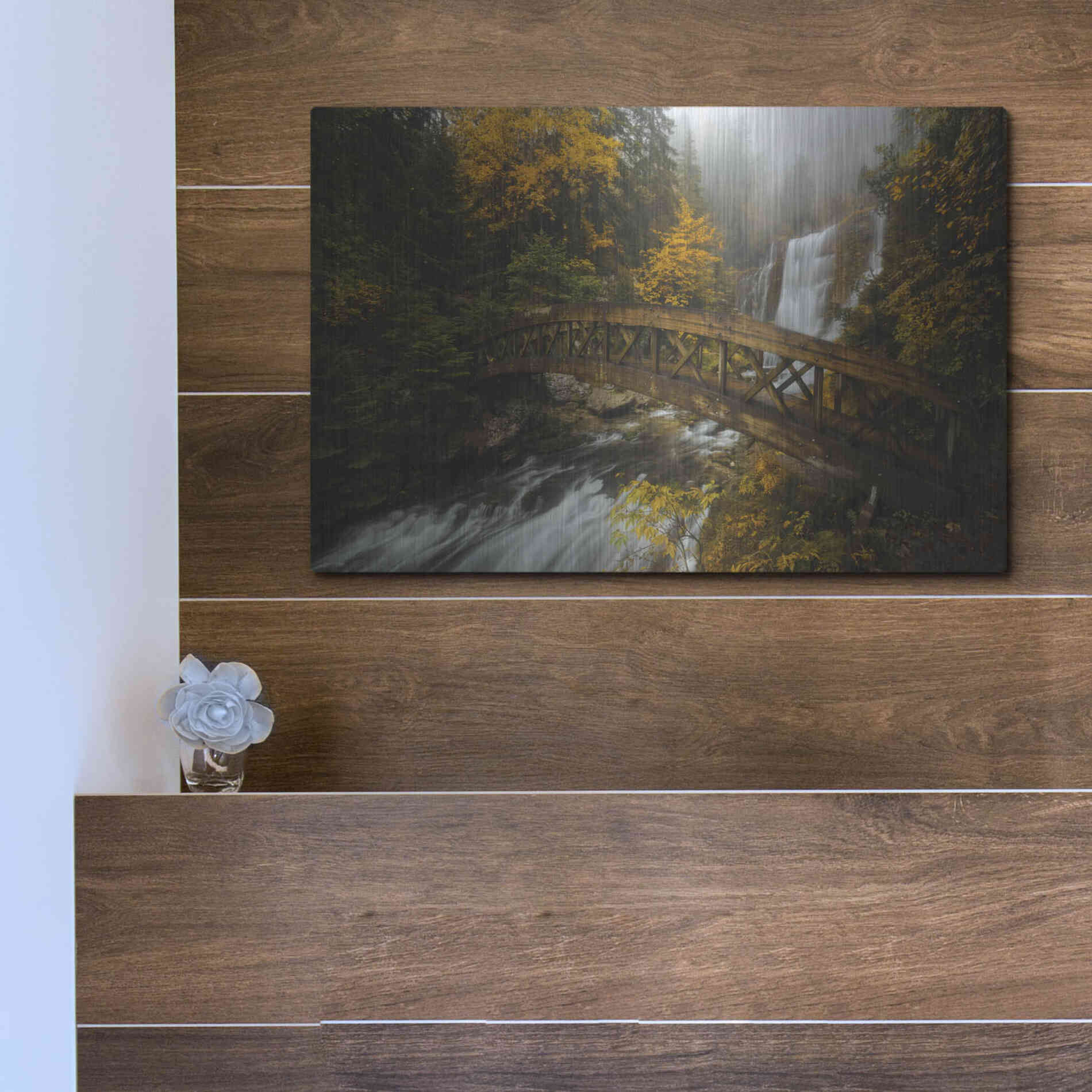 Luxe Metal Art 'A Bridge in the Forest' by Enrico Fossati, Metal Wall Art,16x12