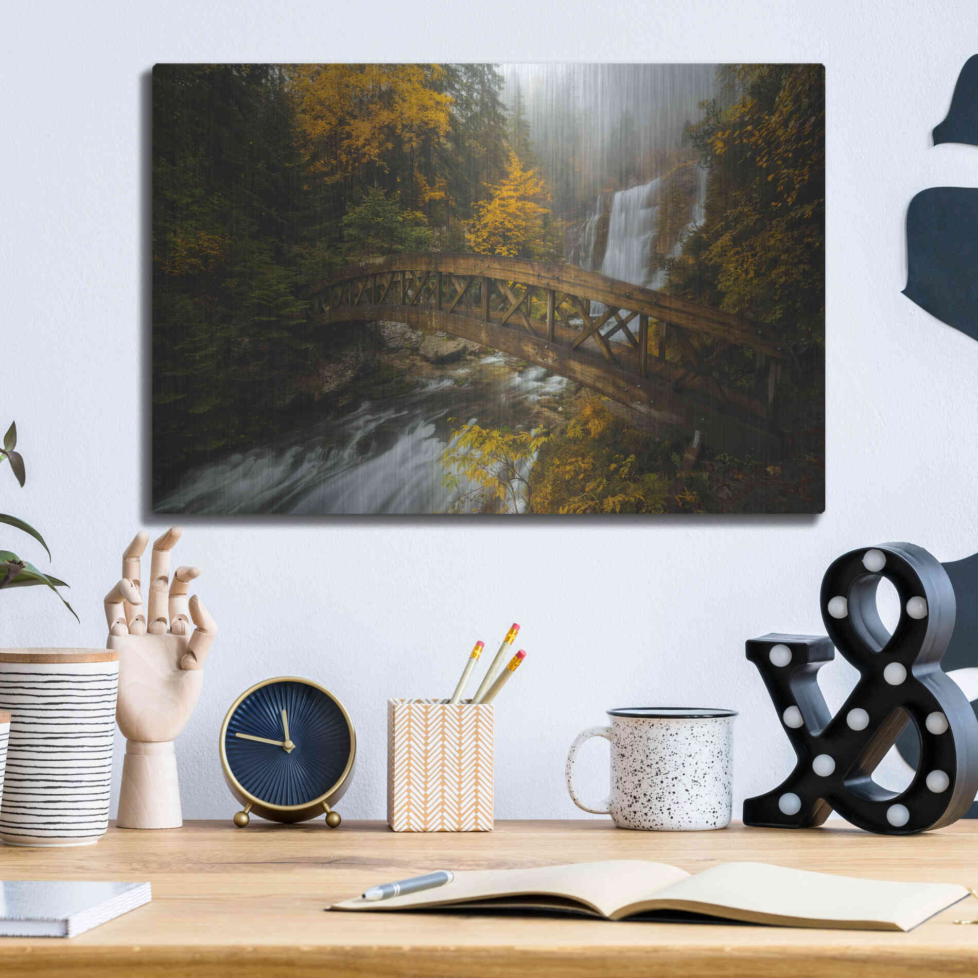 Luxe Metal Art 'A Bridge in the Forest' by Enrico Fossati, Metal Wall Art,16x12