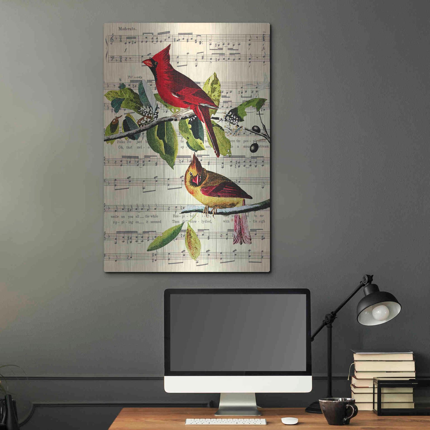 Luxe Metal Art 'The Cardinal Sings' by John James Audubon, Metal Wall Art,24x36