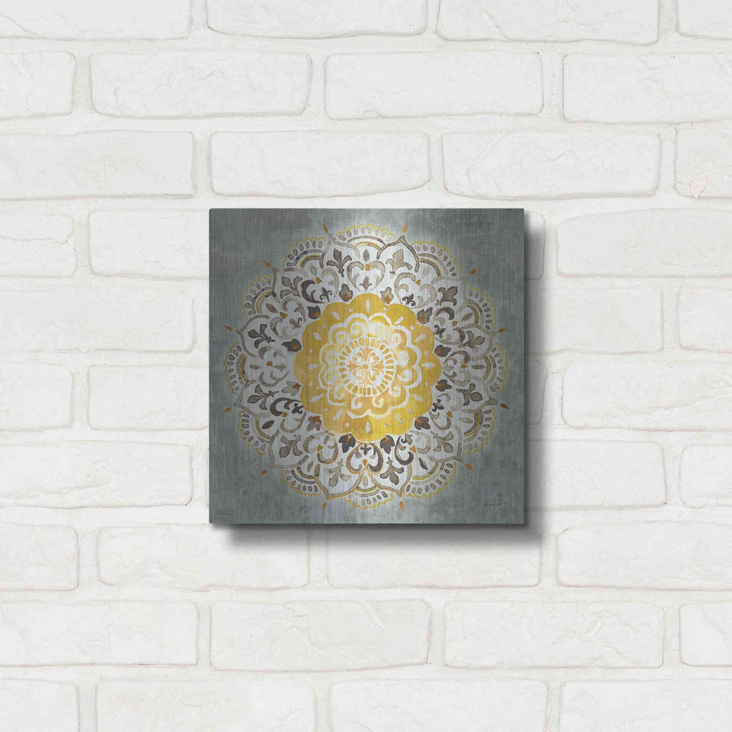 Luxe Metal Art 'Mandala Delight IV Yellow Grey' by Danhui Nai, Metal Wall Art,12x12