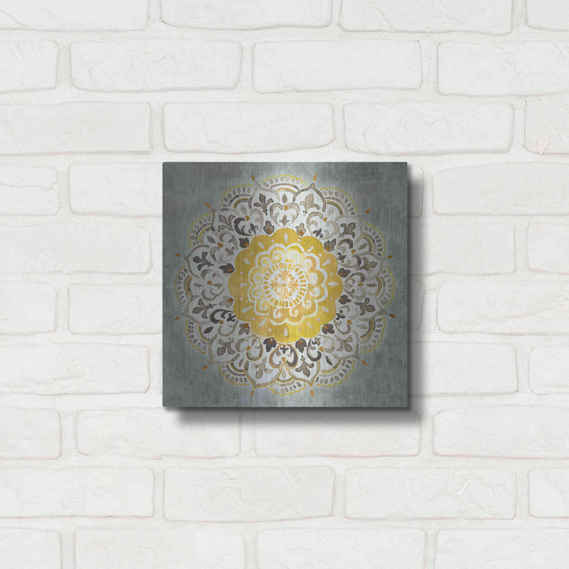 Luxe Metal Art 'Mandala Delight IV Yellow Grey' by Danhui Nai, Metal Wall Art,12x12