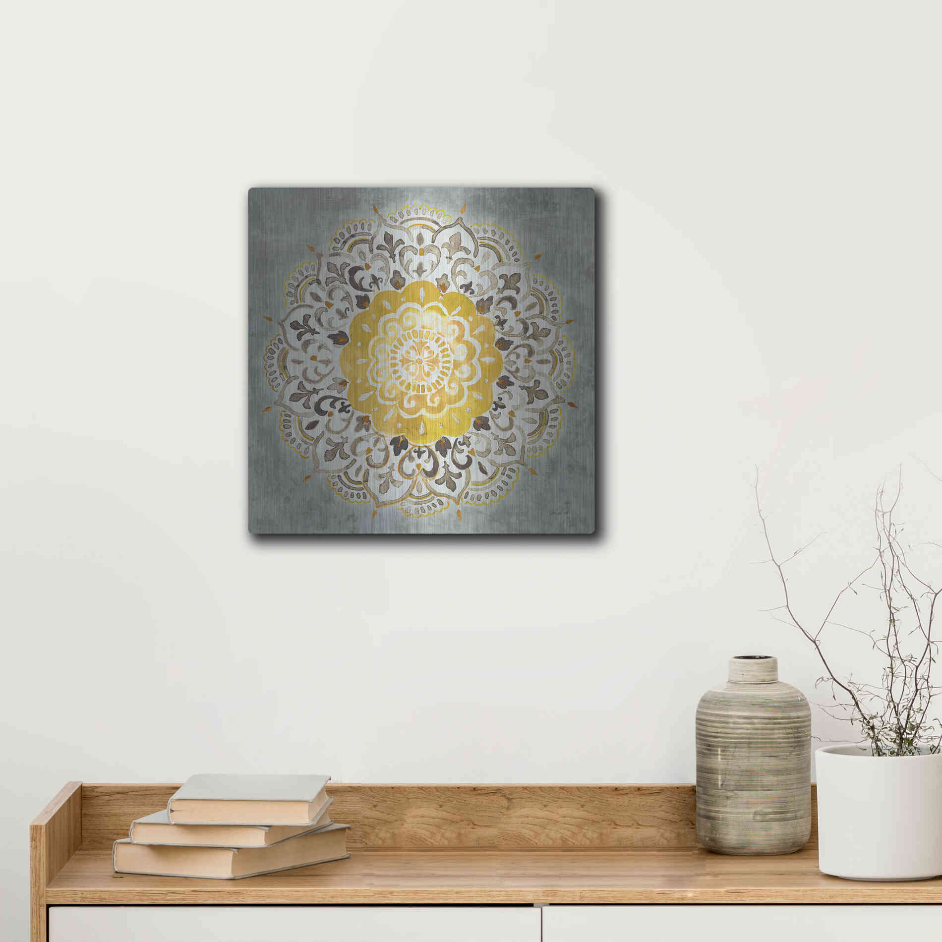 Luxe Metal Art 'Mandala Delight IV Yellow Grey' by Danhui Nai, Metal Wall Art,12x12