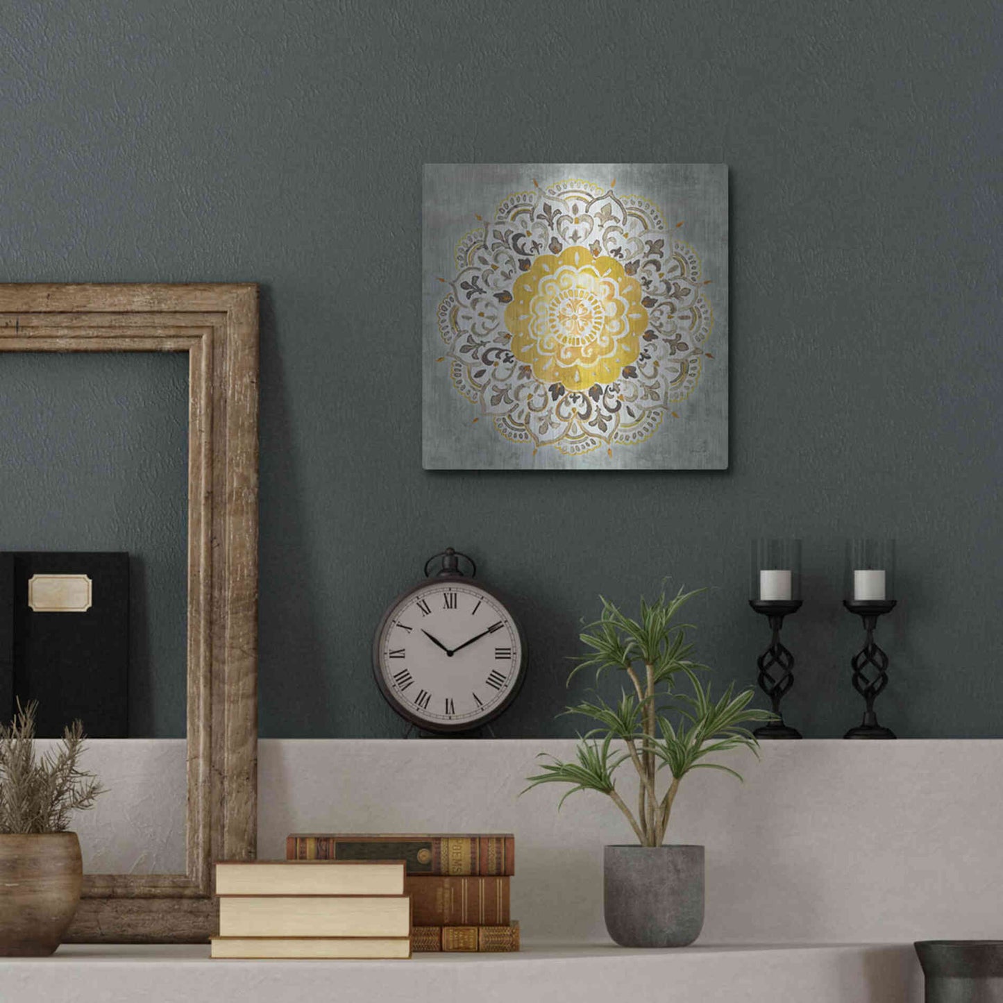 Luxe Metal Art 'Mandala Delight IV Yellow Grey' by Danhui Nai, Metal Wall Art,12x12