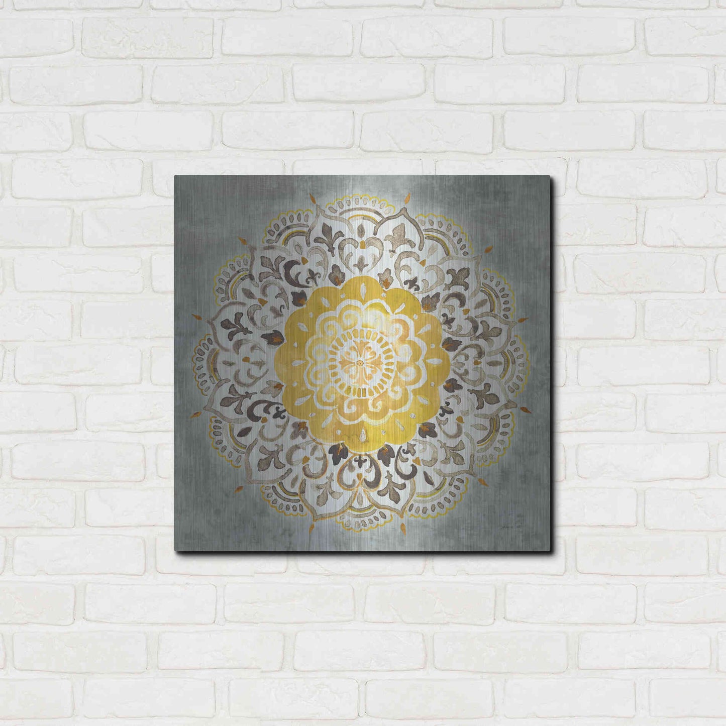 Luxe Metal Art 'Mandala Delight IV Yellow Grey' by Danhui Nai, Metal Wall Art,24x24