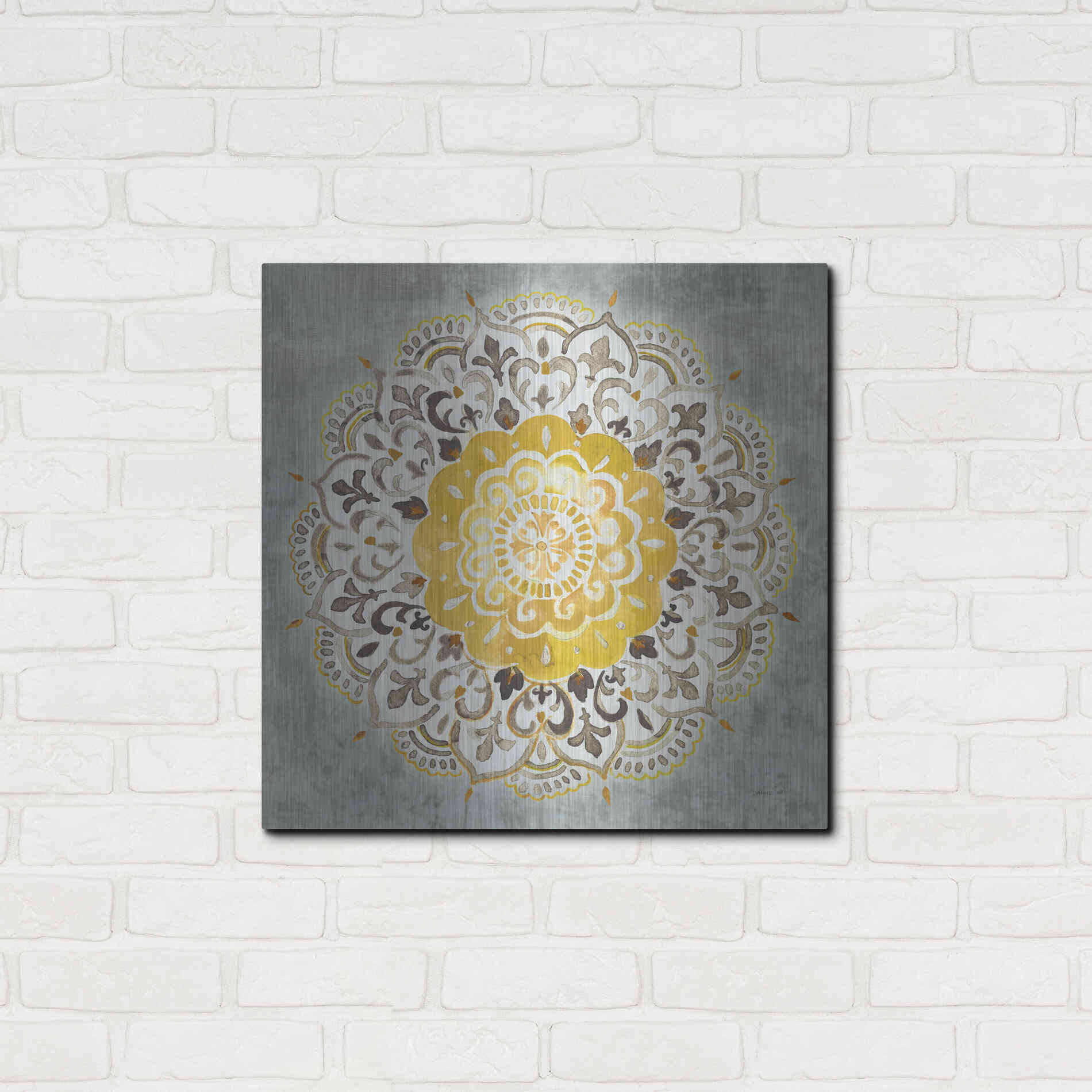 Luxe Metal Art 'Mandala Delight IV Yellow Grey' by Danhui Nai, Metal Wall Art,24x24