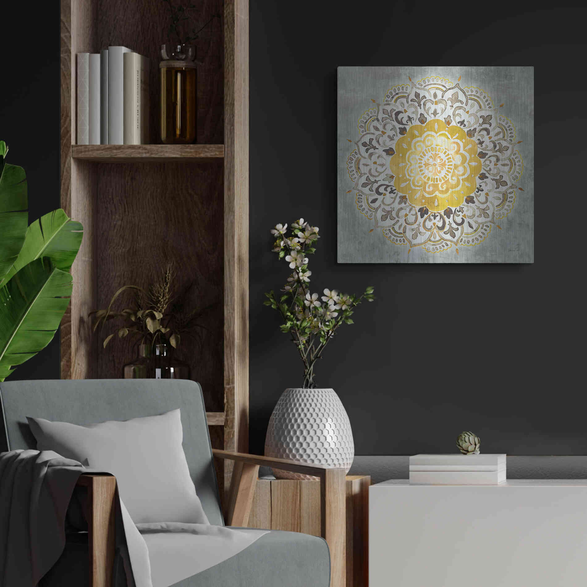Luxe Metal Art 'Mandala Delight IV Yellow Grey' by Danhui Nai, Metal Wall Art,24x24