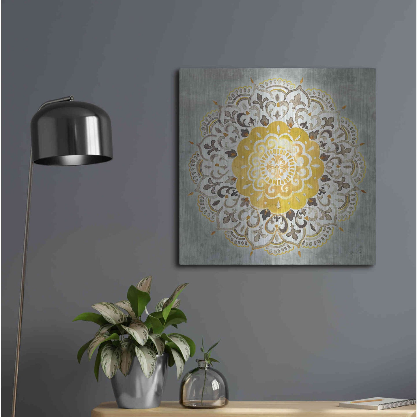 Luxe Metal Art 'Mandala Delight IV Yellow Grey' by Danhui Nai, Metal Wall Art,24x24