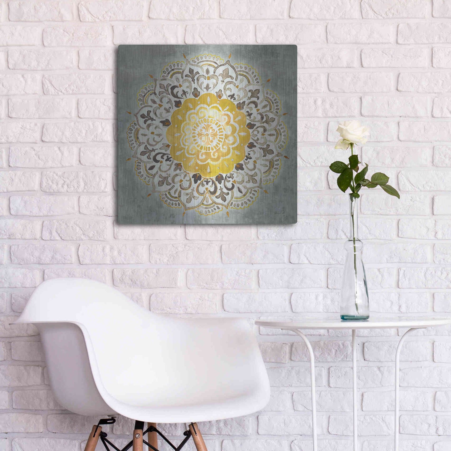 Luxe Metal Art 'Mandala Delight IV Yellow Grey' by Danhui Nai, Metal Wall Art,24x24