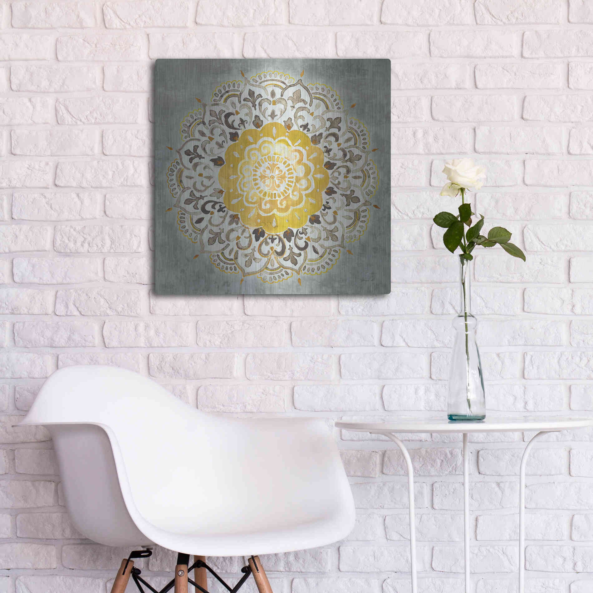 Luxe Metal Art 'Mandala Delight IV Yellow Grey' by Danhui Nai, Metal Wall Art,24x24