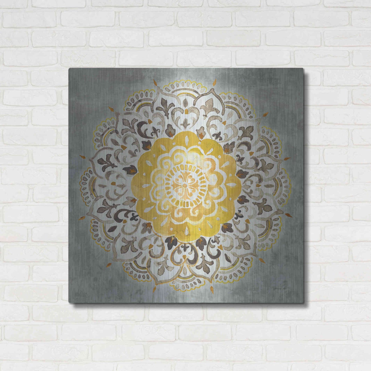 Luxe Metal Art 'Mandala Delight IV Yellow Grey' by Danhui Nai, Metal Wall Art,36x36