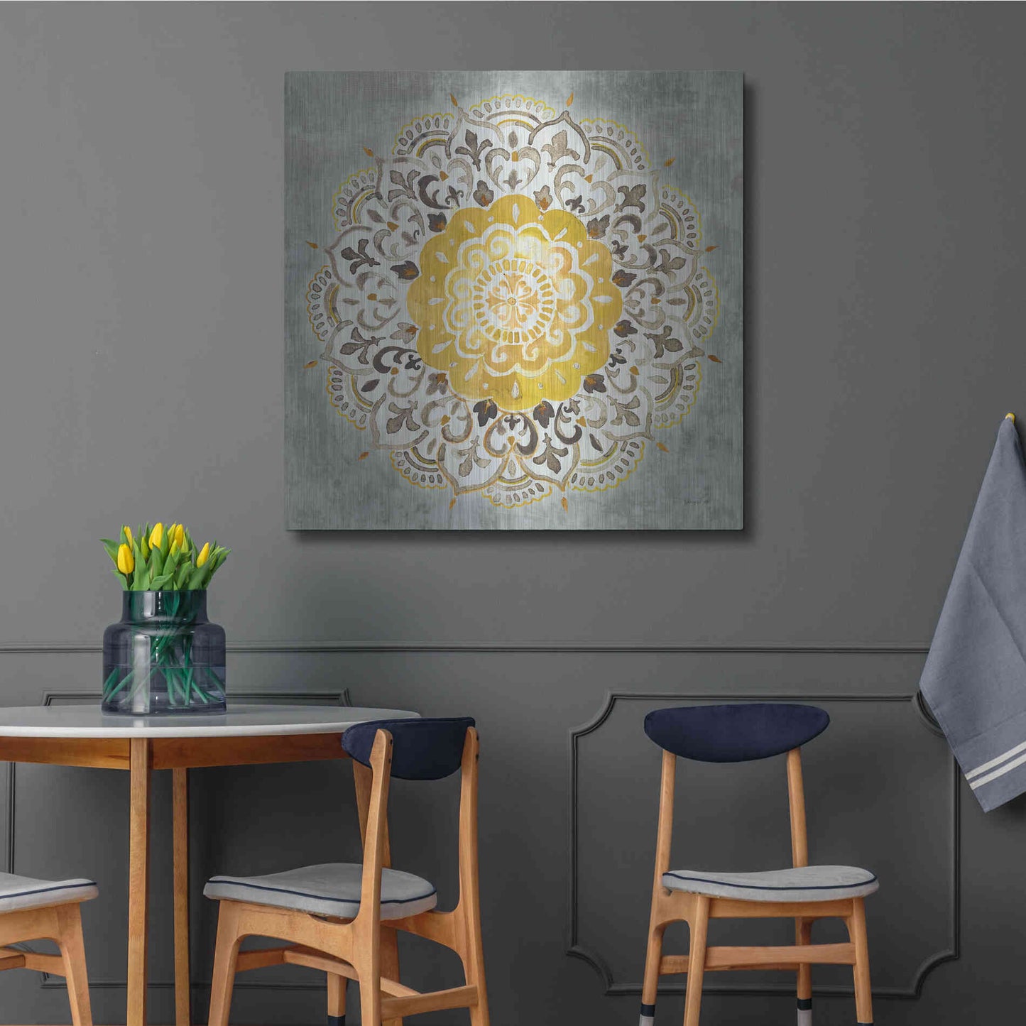Luxe Metal Art 'Mandala Delight IV Yellow Grey' by Danhui Nai, Metal Wall Art,36x36