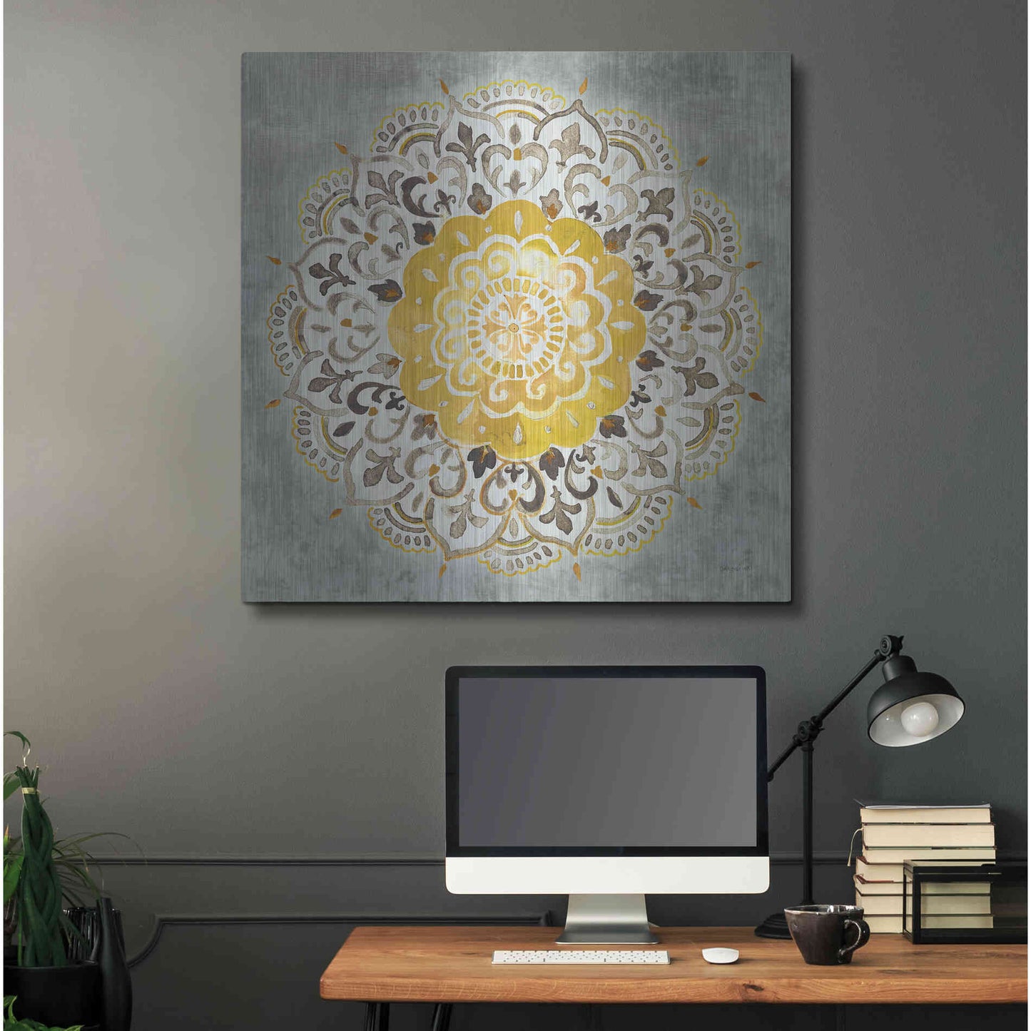Luxe Metal Art 'Mandala Delight IV Yellow Grey' by Danhui Nai, Metal Wall Art,36x36