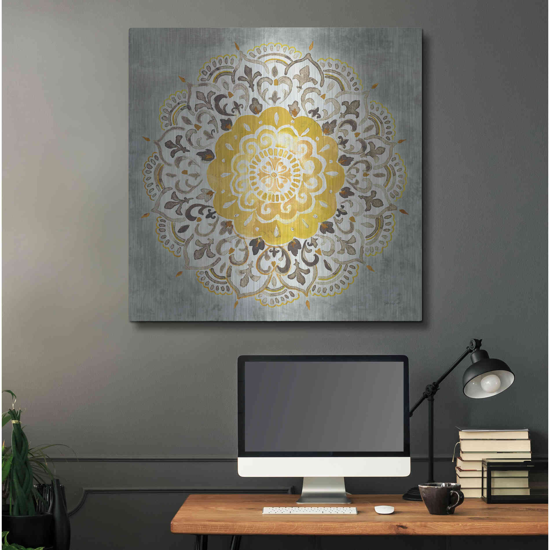 Luxe Metal Art 'Mandala Delight IV Yellow Grey' by Danhui Nai, Metal Wall Art,36x36