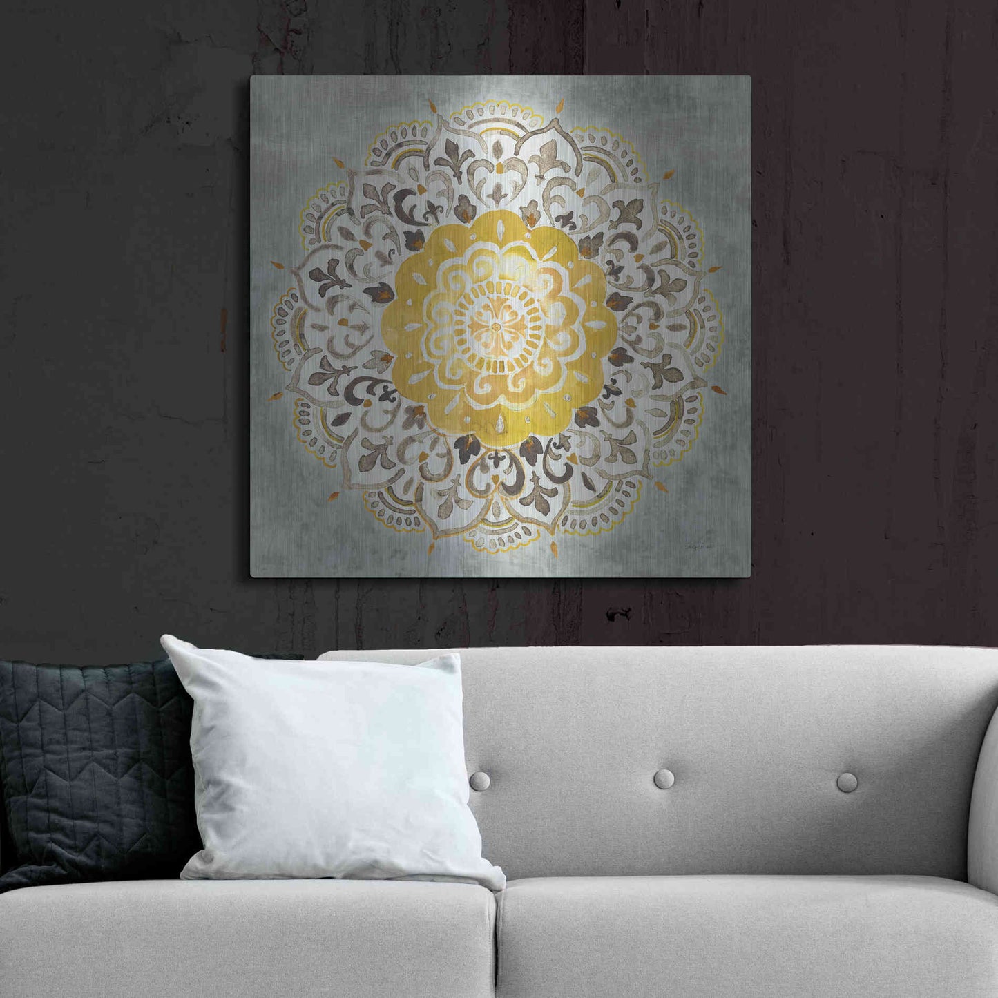 Luxe Metal Art 'Mandala Delight IV Yellow Grey' by Danhui Nai, Metal Wall Art,36x36