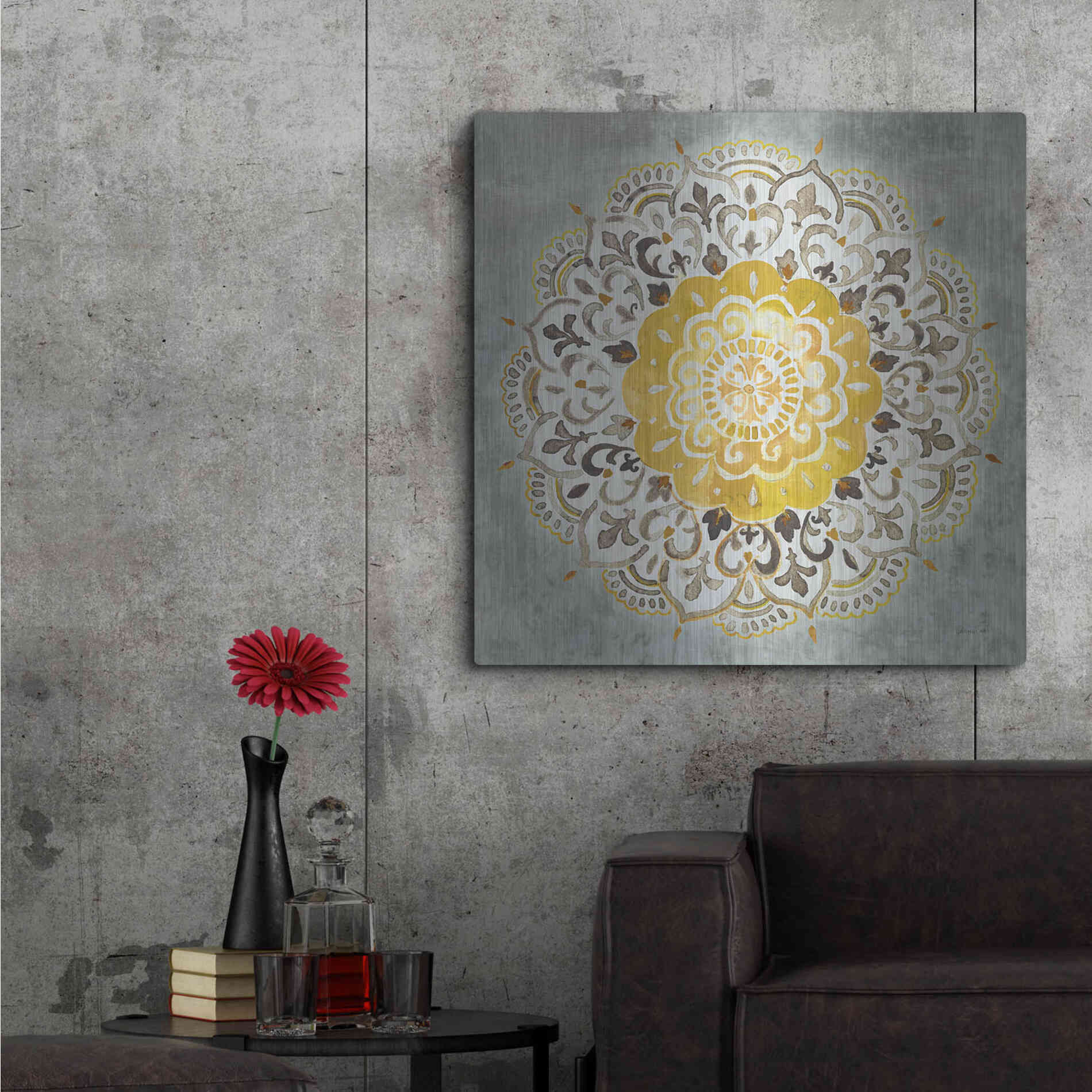 Luxe Metal Art 'Mandala Delight IV Yellow Grey' by Danhui Nai, Metal Wall Art,36x36