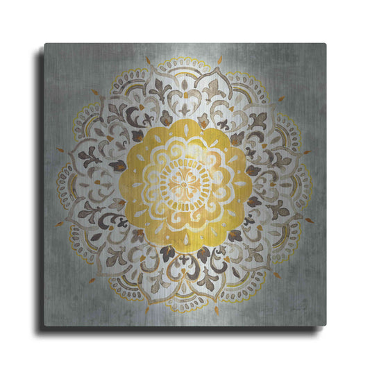 Luxe Metal Art 'Mandala Delight IV Yellow Grey' by Danhui Nai, Metal Wall Art