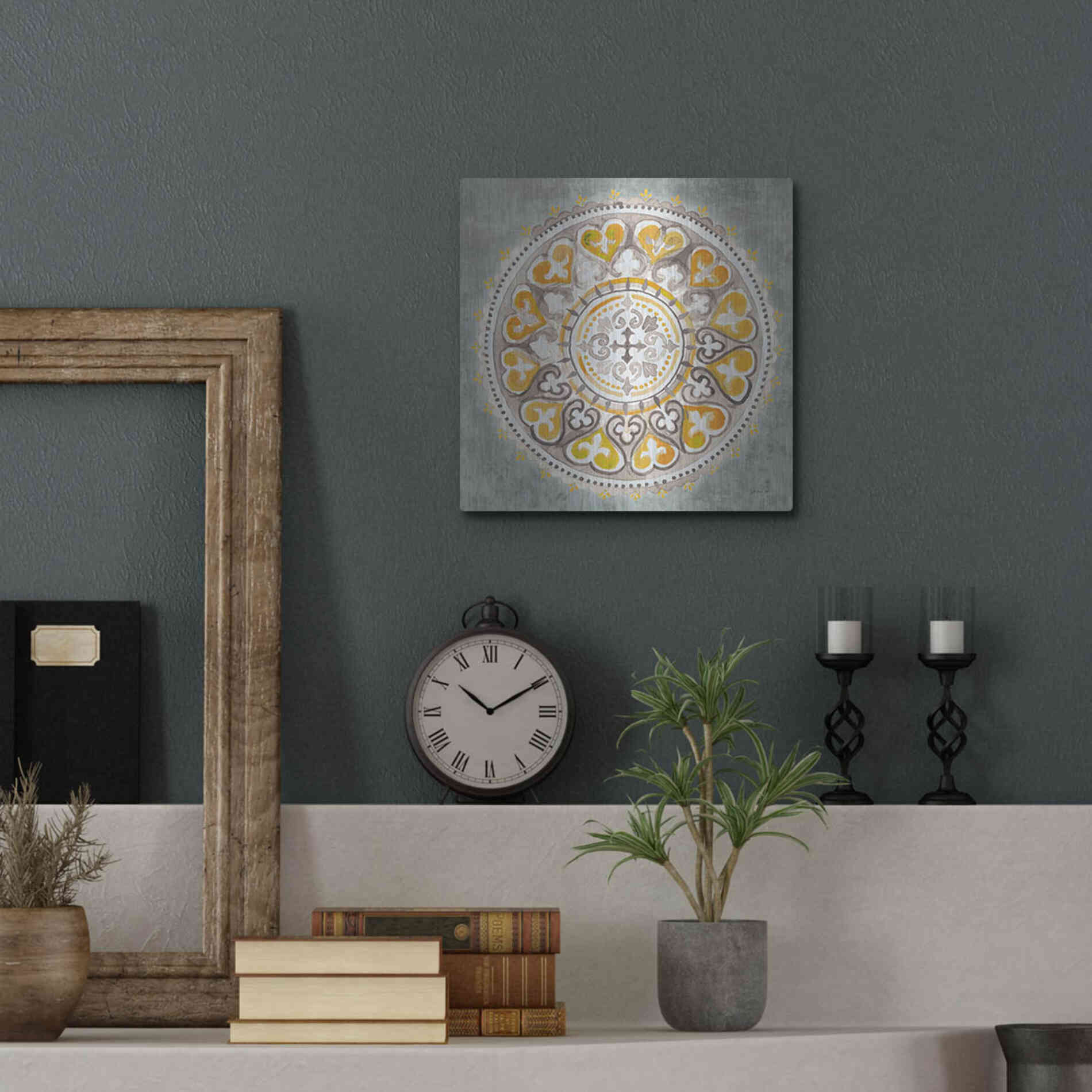Luxe Metal Art 'Mandala Delight Yellow Grey III' by Danhui Nai, Metal Wall Art,12x12