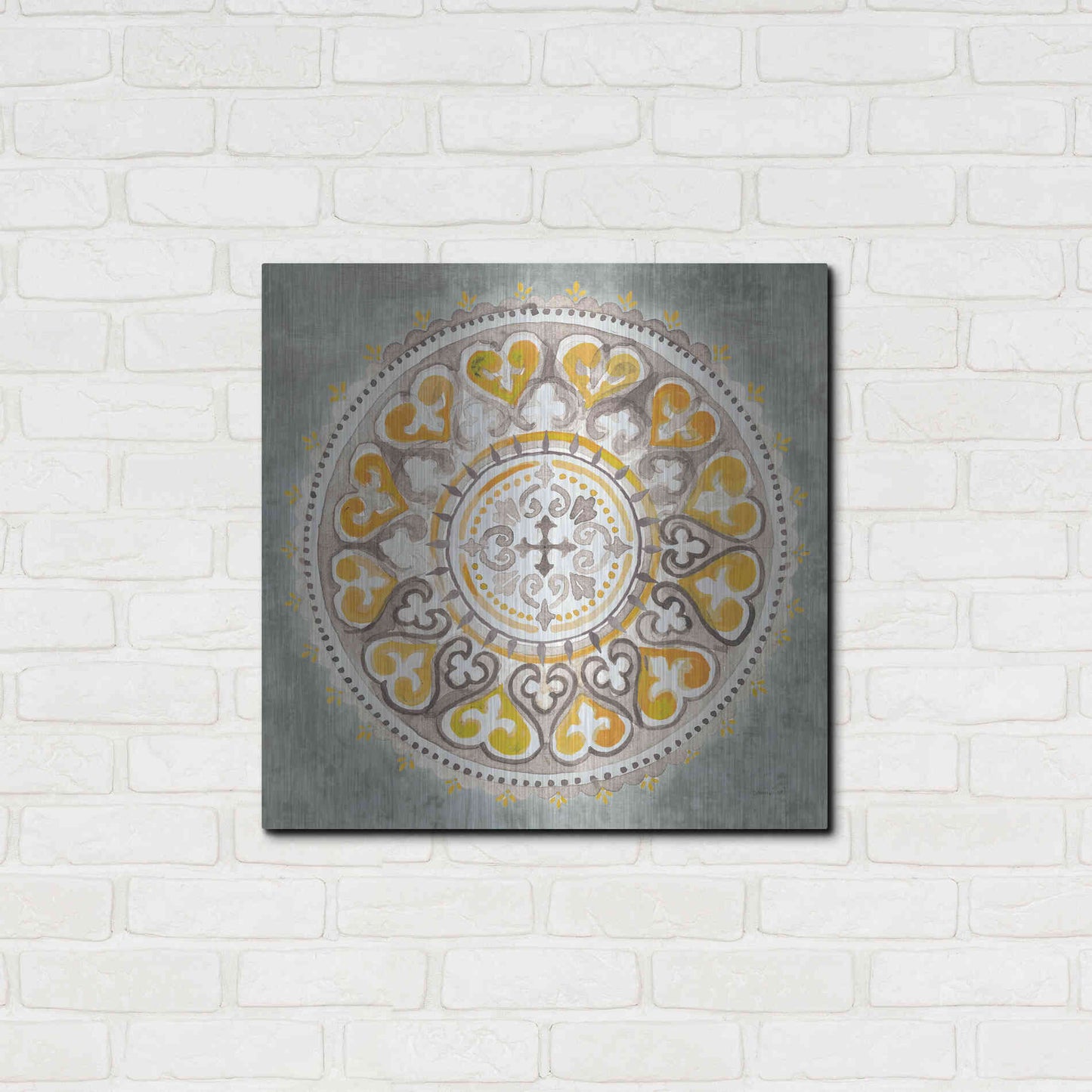 Luxe Metal Art 'Mandala Delight Yellow Grey III' by Danhui Nai, Metal Wall Art,24x24