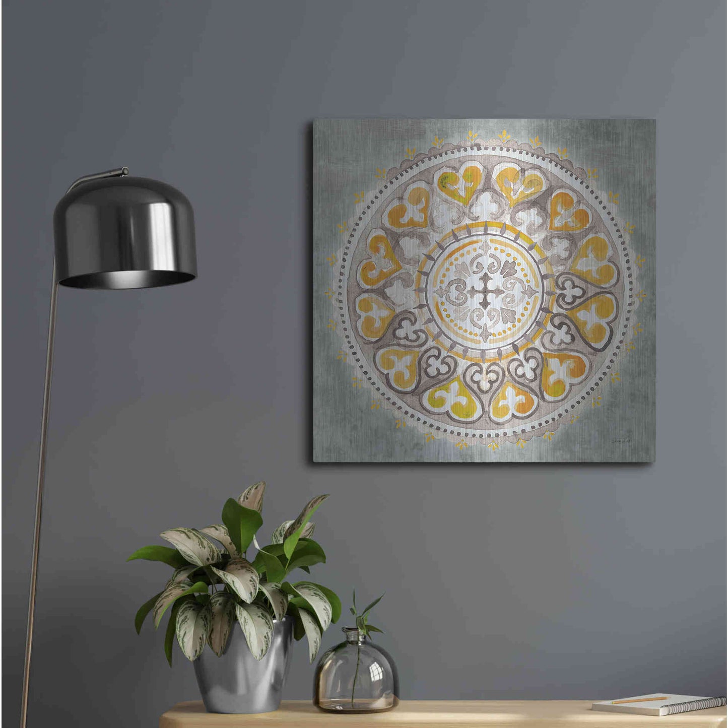 Luxe Metal Art 'Mandala Delight Yellow Grey III' by Danhui Nai, Metal Wall Art,24x24