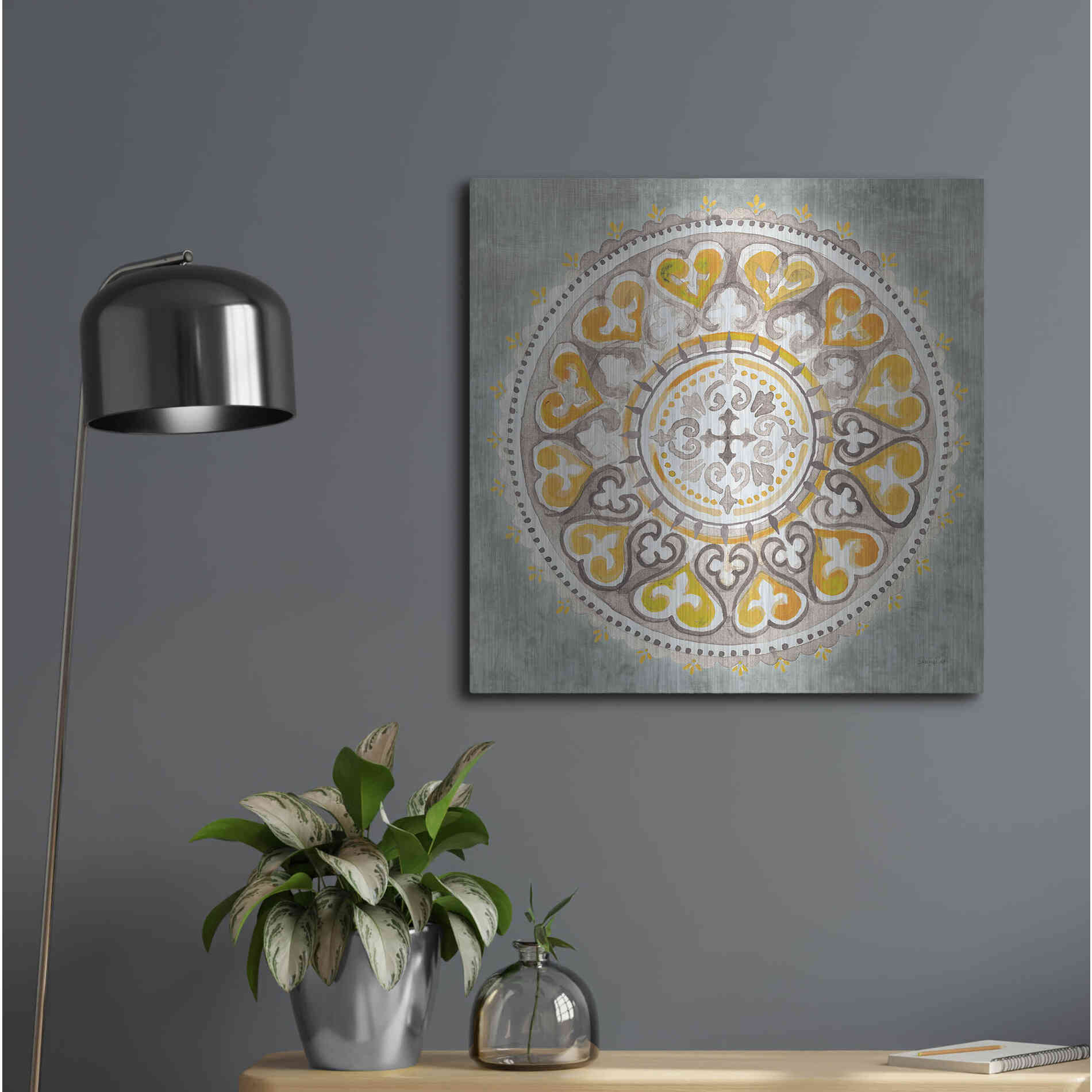 Luxe Metal Art 'Mandala Delight Yellow Grey III' by Danhui Nai, Metal Wall Art,24x24