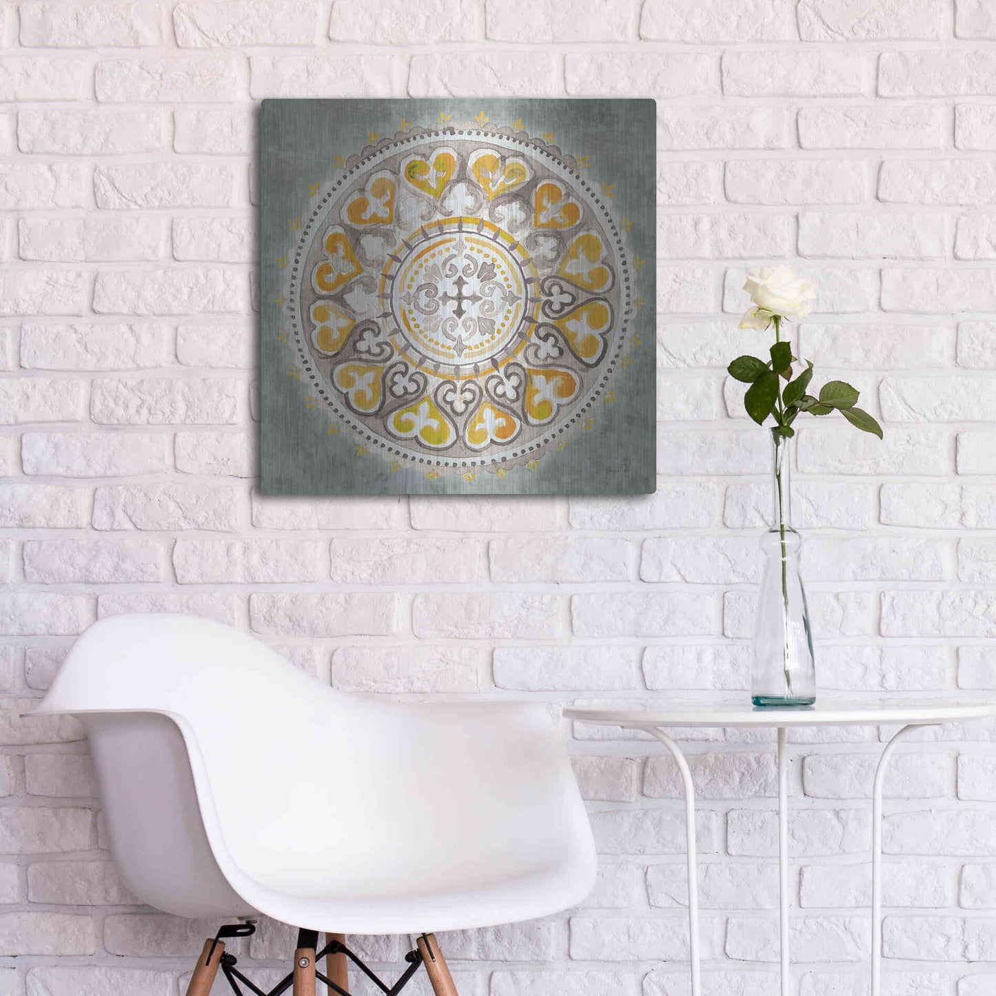 Luxe Metal Art 'Mandala Delight Yellow Grey III' by Danhui Nai, Metal Wall Art,24x24