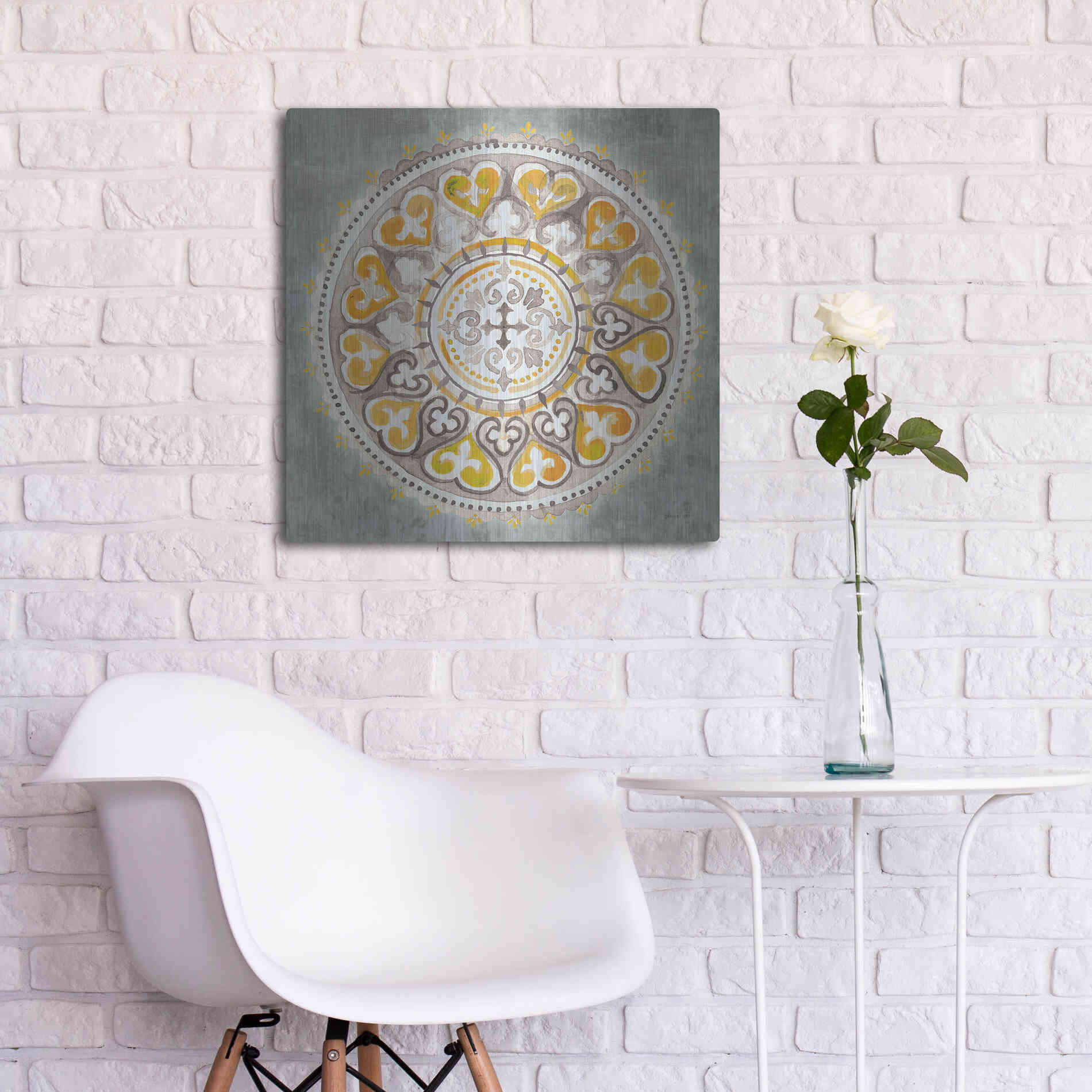 Luxe Metal Art 'Mandala Delight Yellow Grey III' by Danhui Nai, Metal Wall Art,24x24