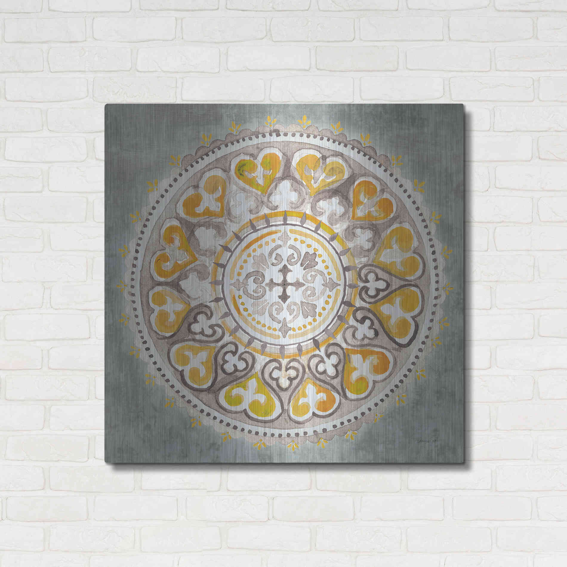 Luxe Metal Art 'Mandala Delight Yellow Grey III' by Danhui Nai, Metal Wall Art,36x36
