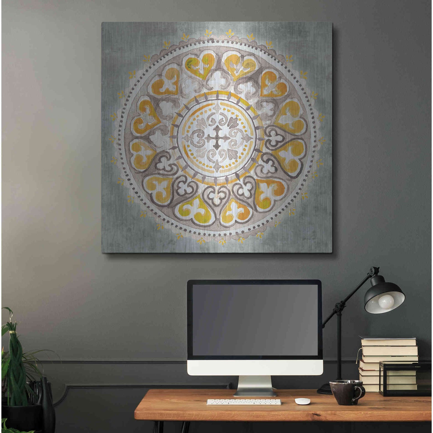 Luxe Metal Art 'Mandala Delight Yellow Grey III' by Danhui Nai, Metal Wall Art,36x36