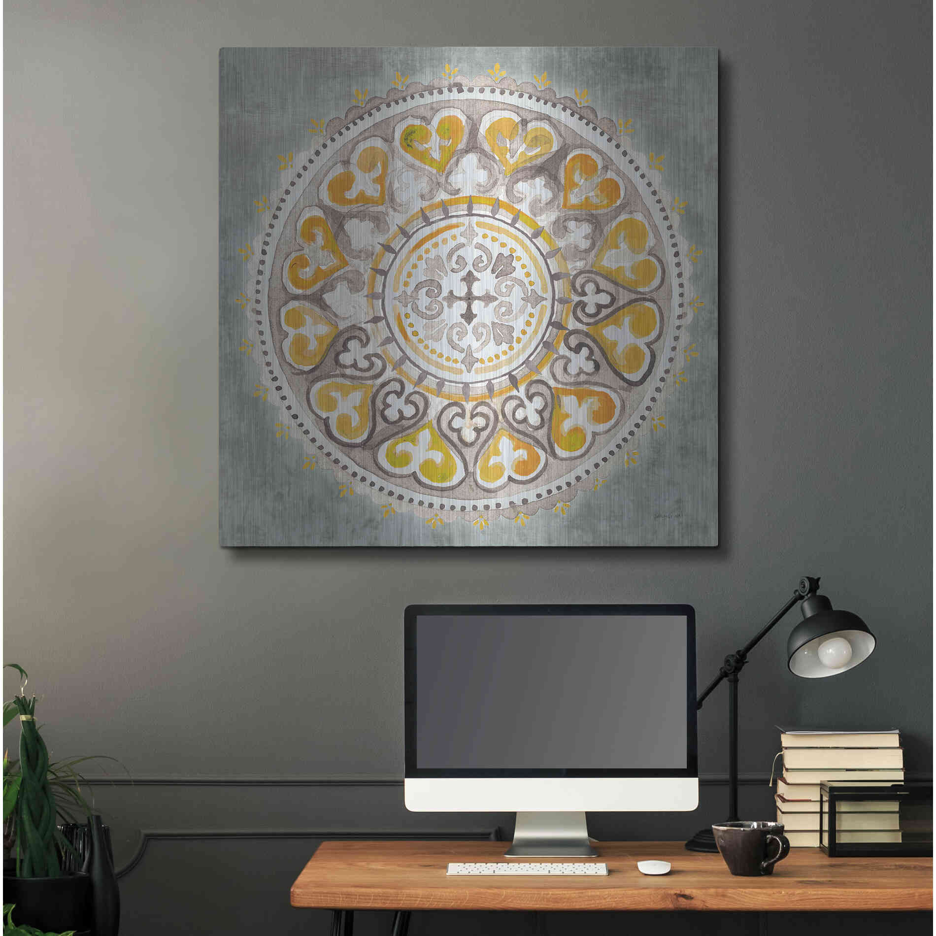 Luxe Metal Art 'Mandala Delight Yellow Grey III' by Danhui Nai, Metal Wall Art,36x36