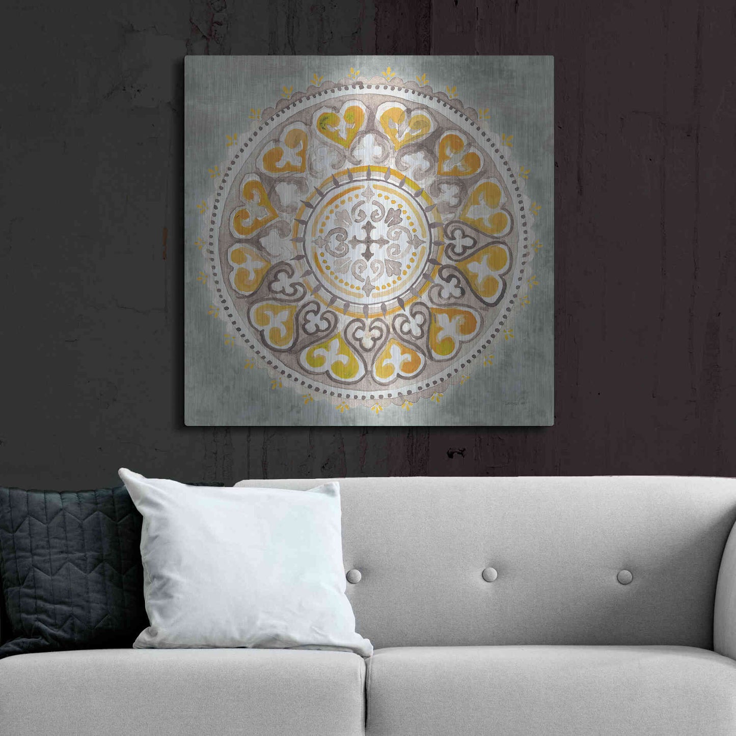 Luxe Metal Art 'Mandala Delight Yellow Grey III' by Danhui Nai, Metal Wall Art,36x36