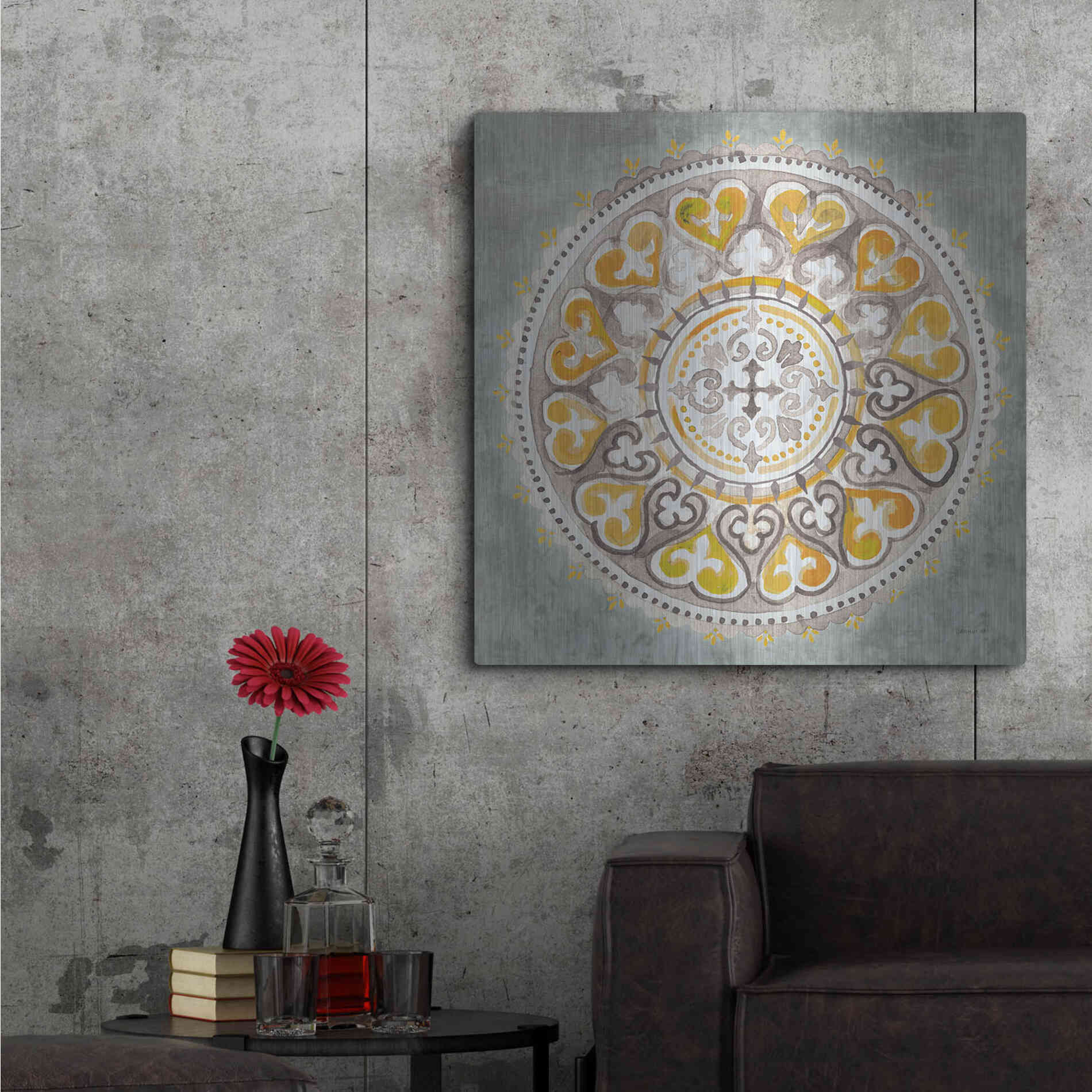 Luxe Metal Art 'Mandala Delight Yellow Grey III' by Danhui Nai, Metal Wall Art,36x36