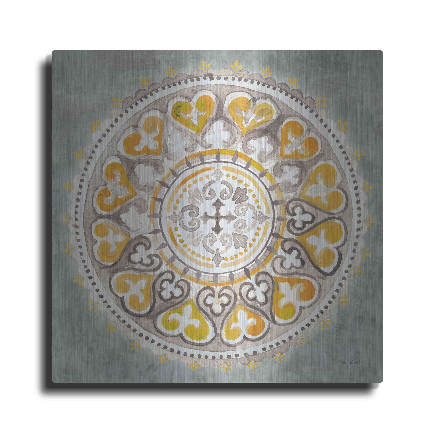 Luxe Metal Art 'Mandala Delight Yellow Grey III' by Danhui Nai, Metal Wall Art