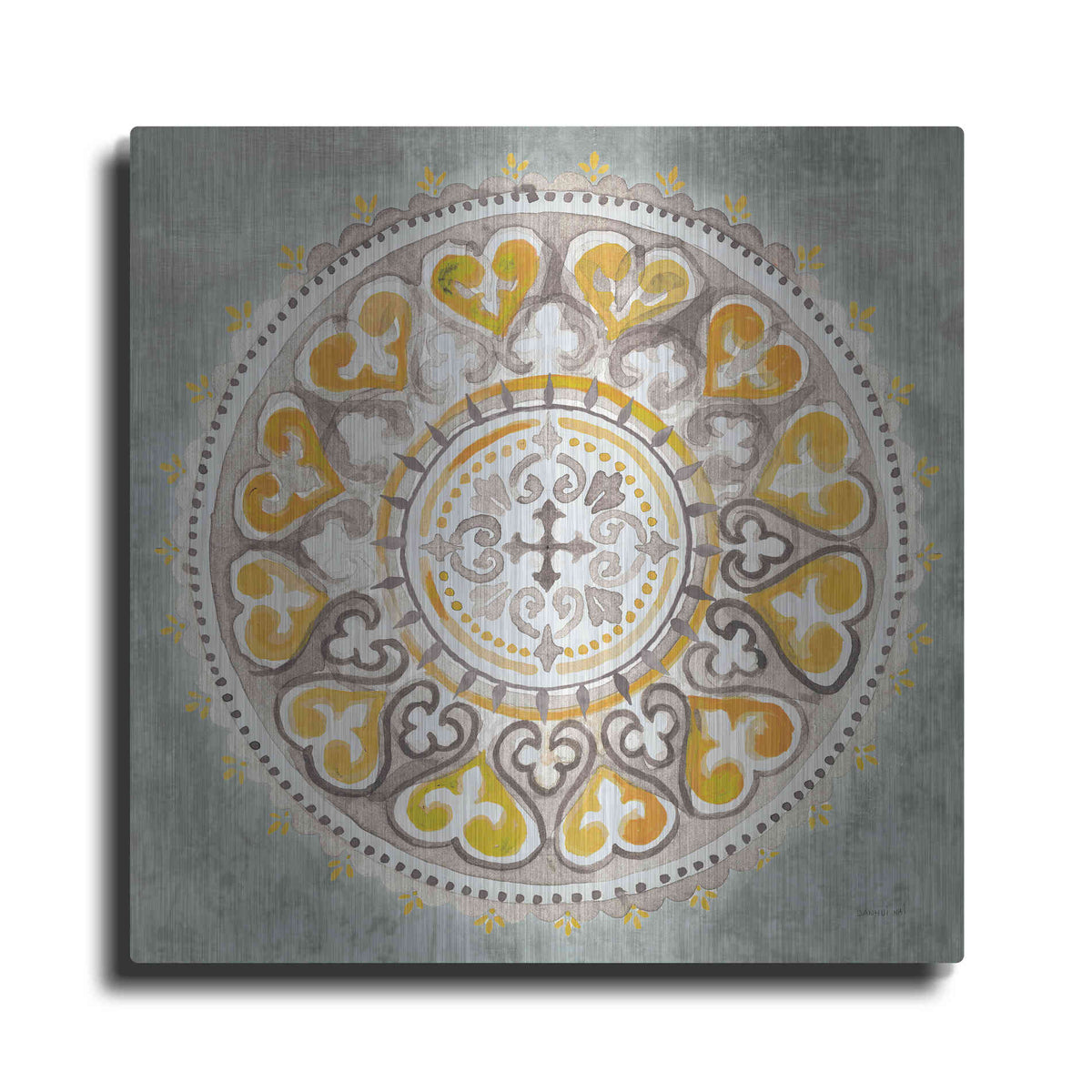 Luxe Metal Art 'Mandala Delight Yellow Grey III' by Danhui Nai, Metal Wall Art