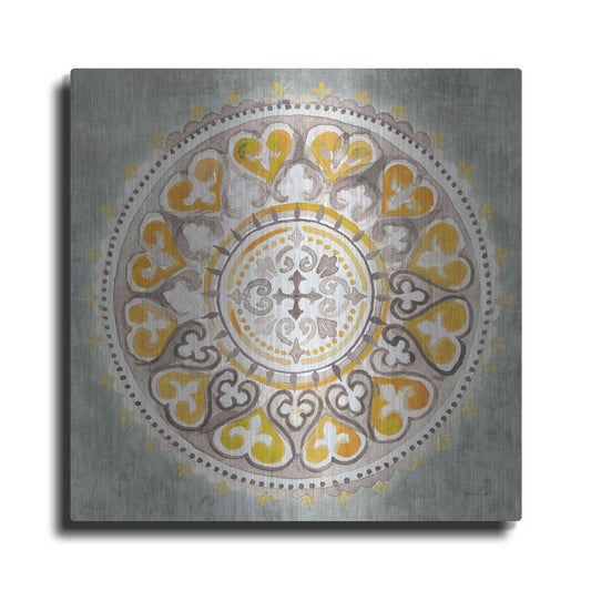 Luxe Metal Art 'Mandala Delight Yellow Grey III' by Danhui Nai, Metal Wall Art