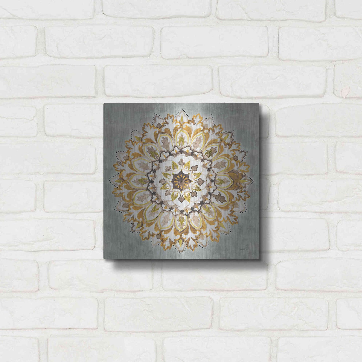 Luxe Metal Art 'Mandala Delight II Yellow Grey' by Danhui Nai, Metal Wall Art,12x12