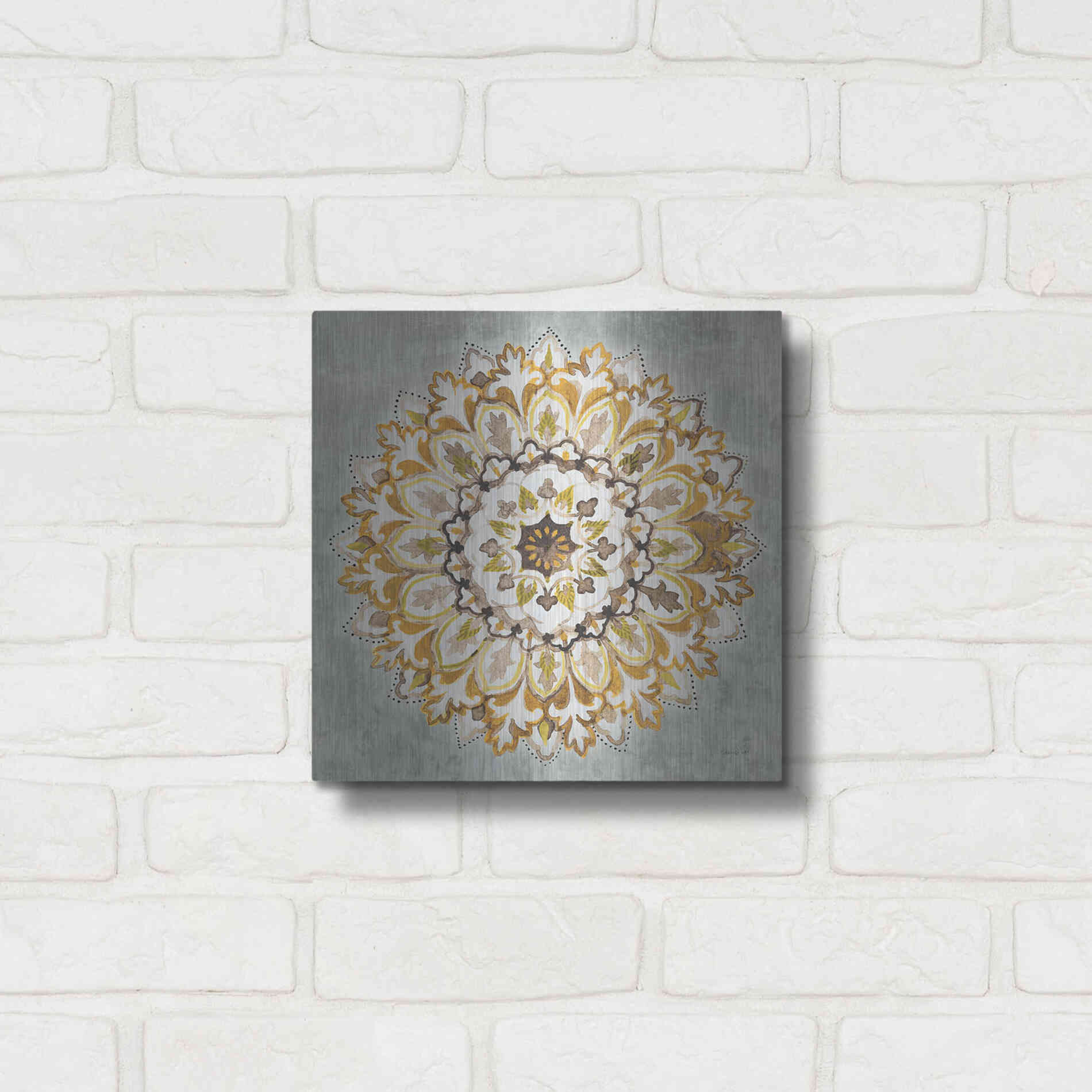 Luxe Metal Art 'Mandala Delight II Yellow Grey' by Danhui Nai, Metal Wall Art,12x12