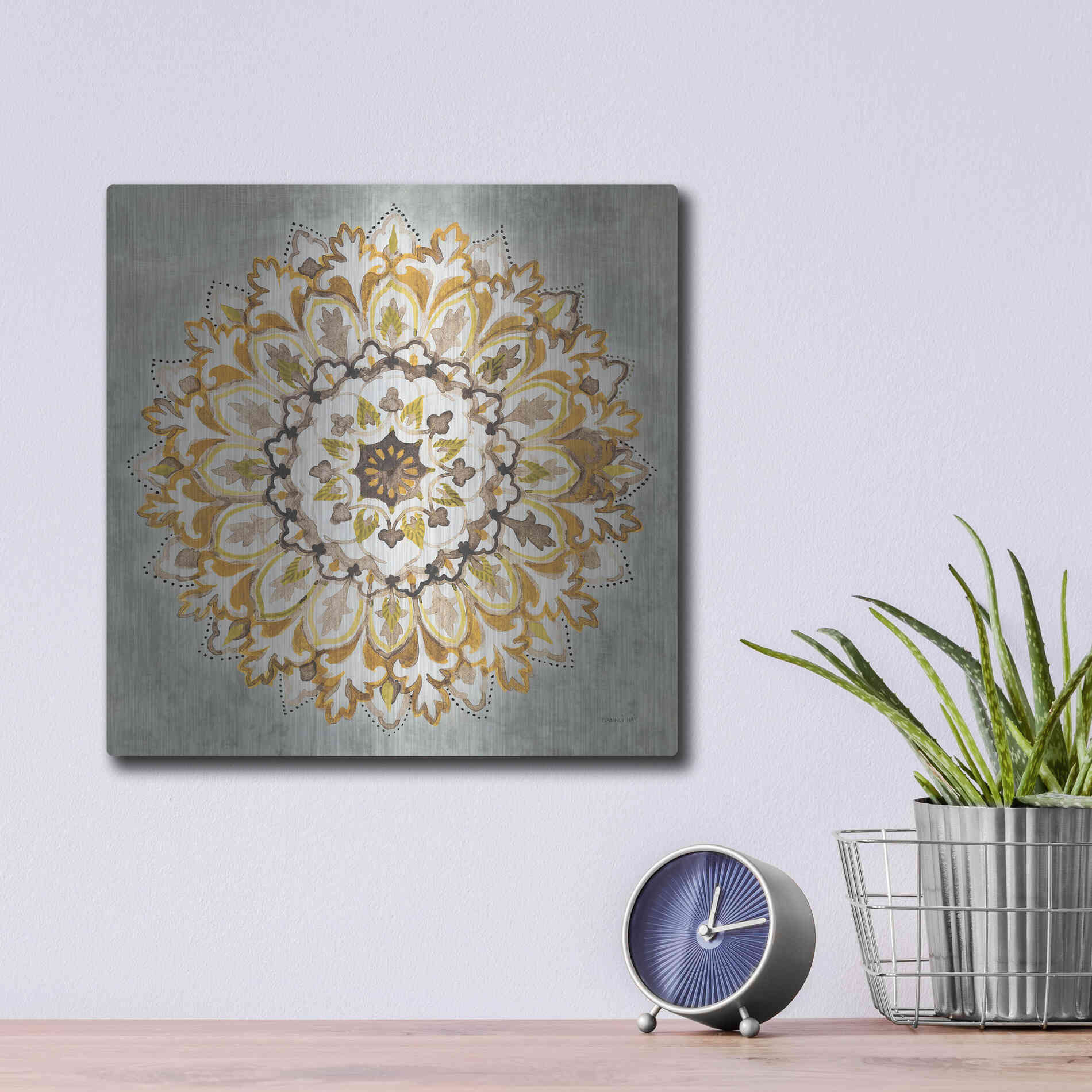 Luxe Metal Art 'Mandala Delight II Yellow Grey' by Danhui Nai, Metal Wall Art,12x12