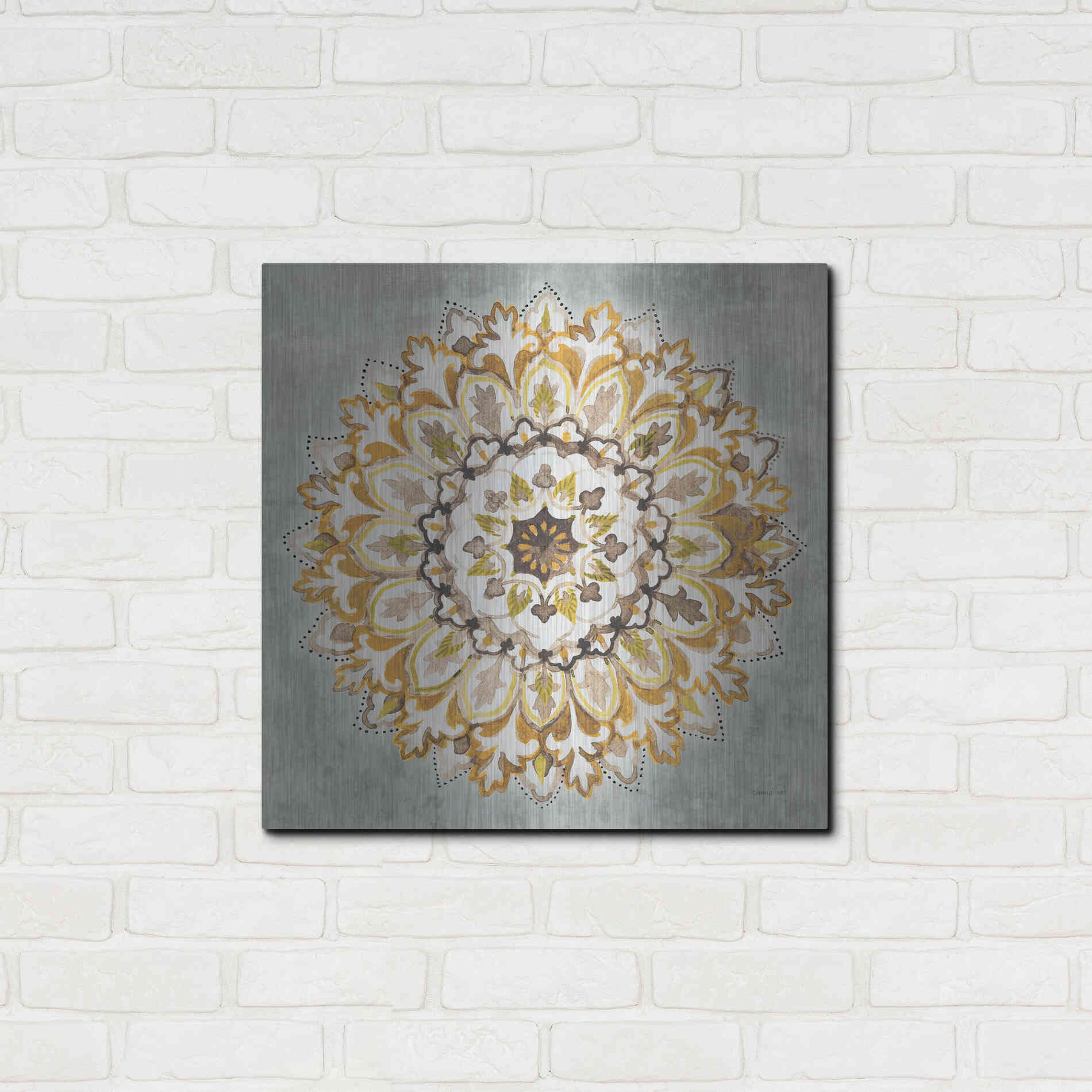 Luxe Metal Art 'Mandala Delight II Yellow Grey' by Danhui Nai, Metal Wall Art,24x24