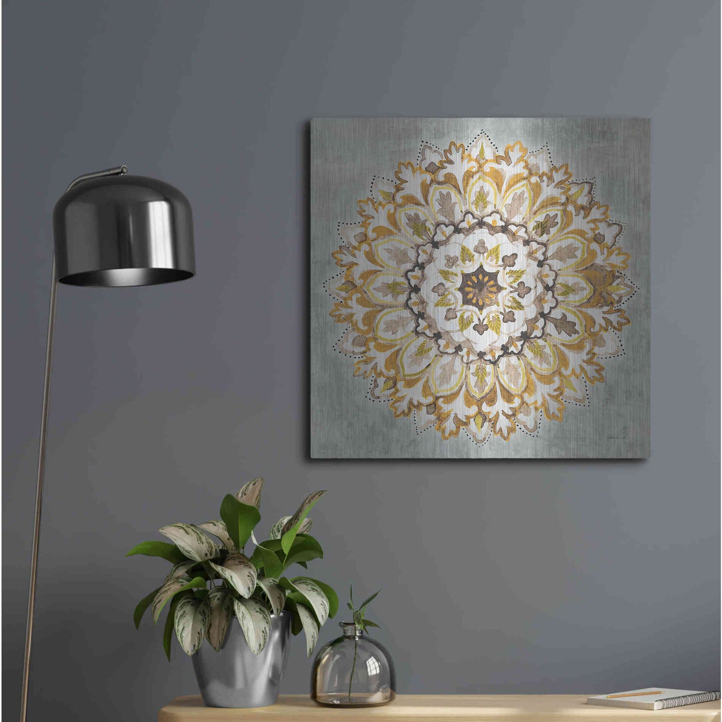 Luxe Metal Art 'Mandala Delight II Yellow Grey' by Danhui Nai, Metal Wall Art,24x24