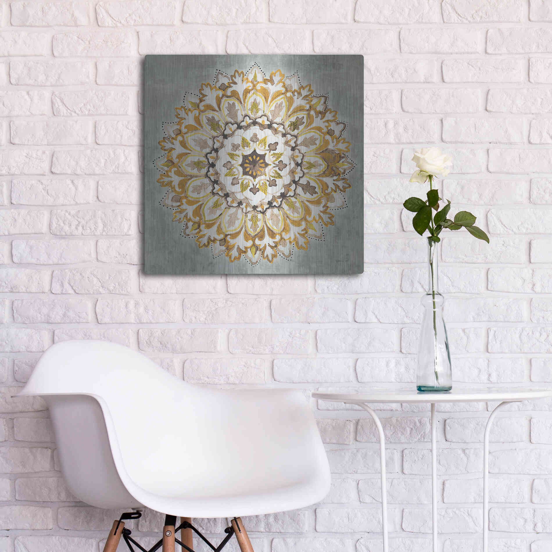 Luxe Metal Art 'Mandala Delight II Yellow Grey' by Danhui Nai, Metal Wall Art,24x24