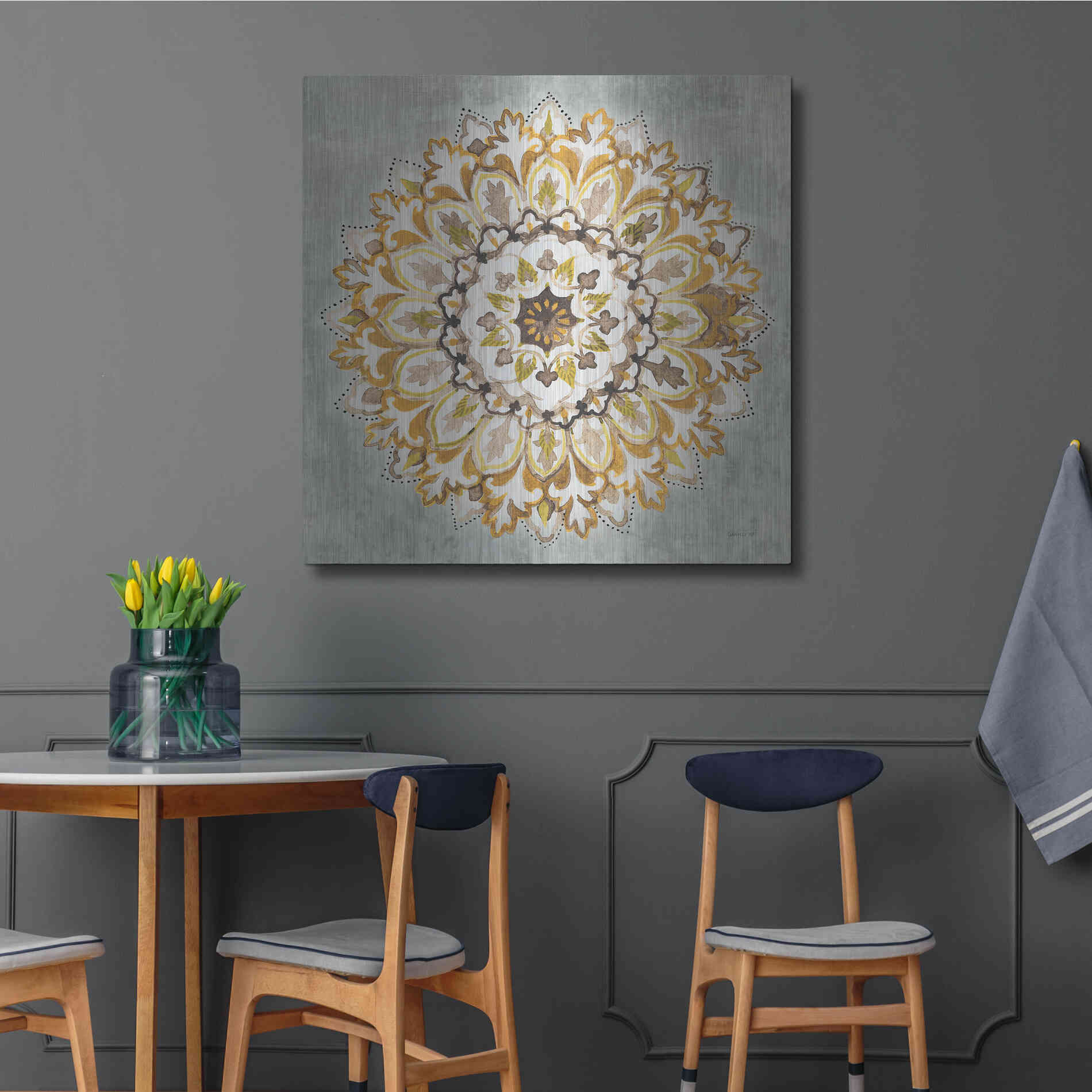 Luxe Metal Art 'Mandala Delight II Yellow Grey' by Danhui Nai, Metal Wall Art,36x36