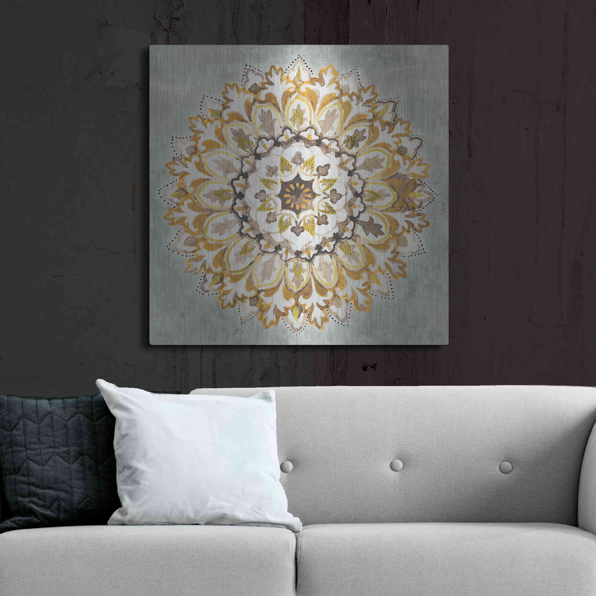 Luxe Metal Art 'Mandala Delight II Yellow Grey' by Danhui Nai, Metal Wall Art,36x36