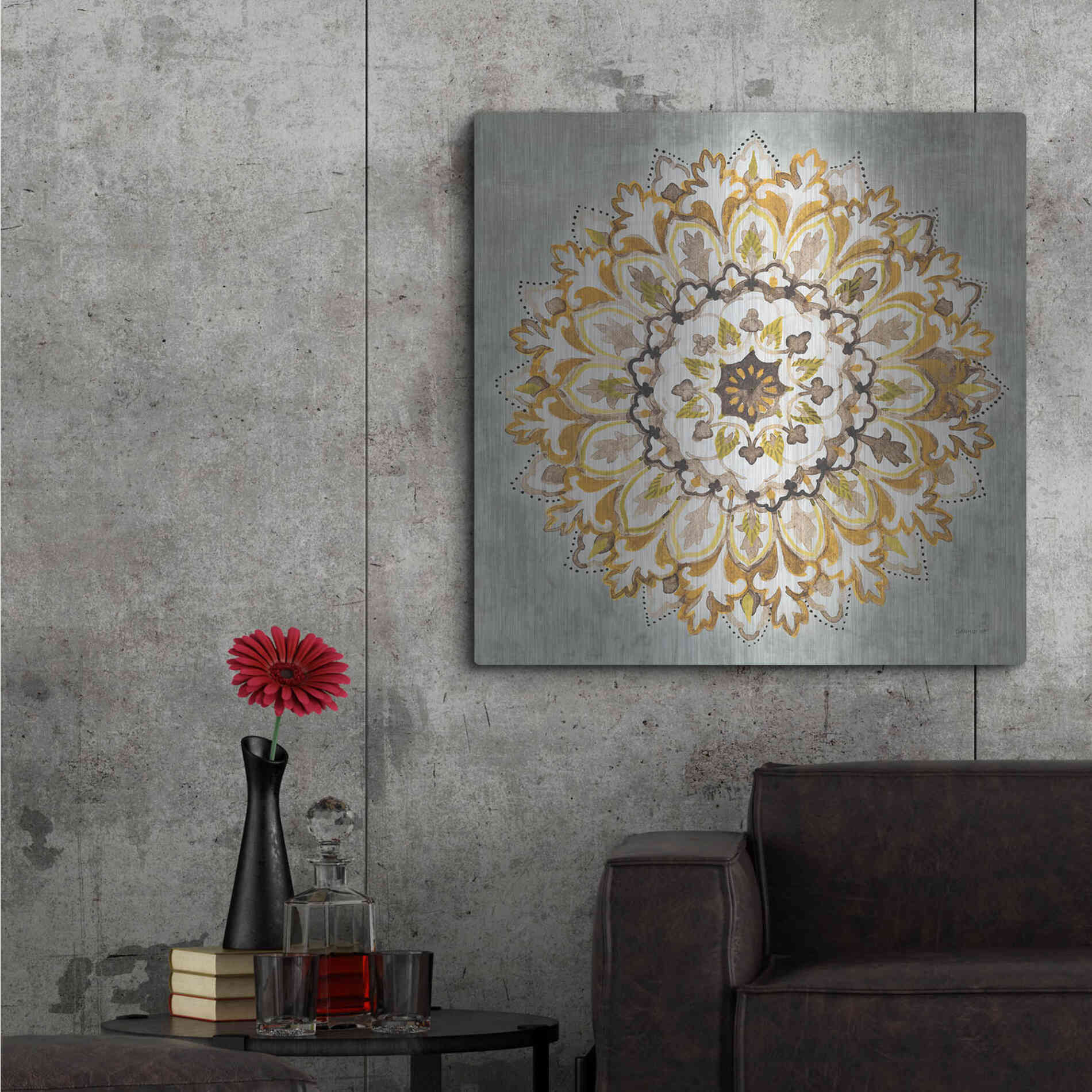 Luxe Metal Art 'Mandala Delight II Yellow Grey' by Danhui Nai, Metal Wall Art,36x36
