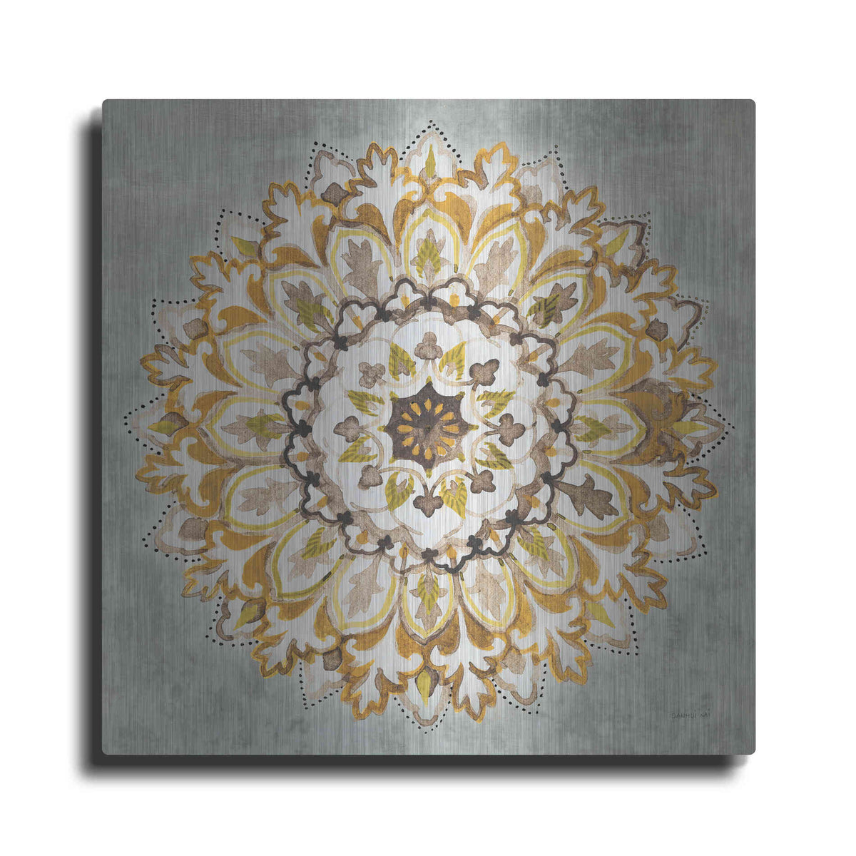 Luxe Metal Art 'Mandala Delight II Yellow Grey' by Danhui Nai, Metal Wall Art