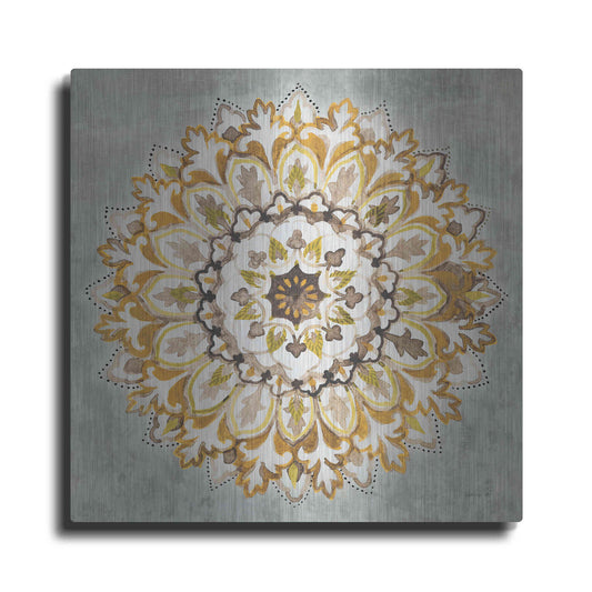 Luxe Metal Art 'Mandala Delight II Yellow Grey' by Danhui Nai, Metal Wall Art