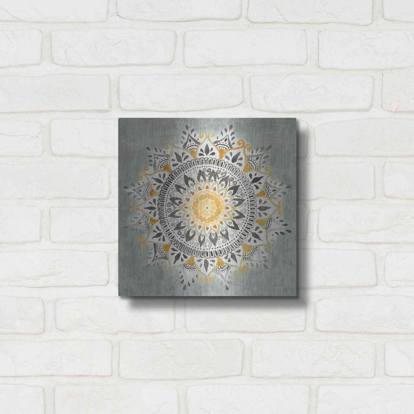 Luxe Metal Art 'Mandala Delight I Yellow Grey' by Danhui Nai, Metal Wall Art,12x12